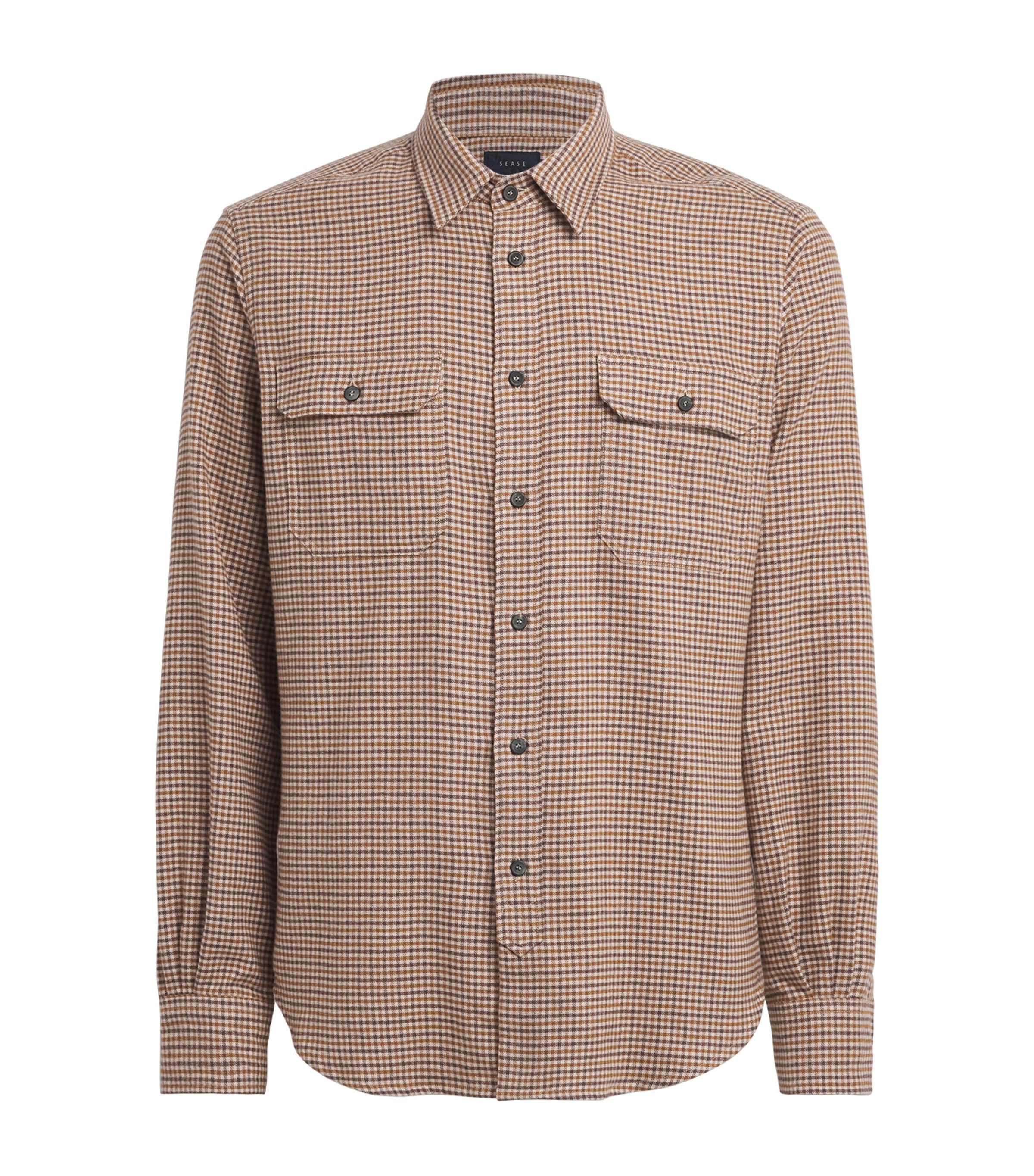 Sease Mens Brushed Cotton Flannel Military Shirt Brown Beige