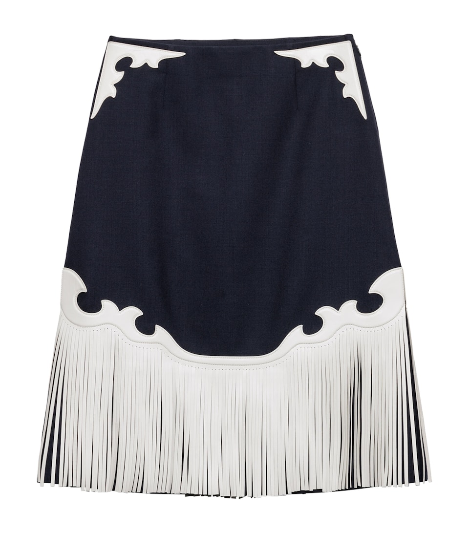 Wool-Leather Fringed Midi Skirt