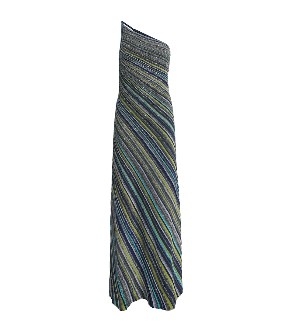 Missoni Womens Stripe One-Shoulder Maxi Dress Green Tones