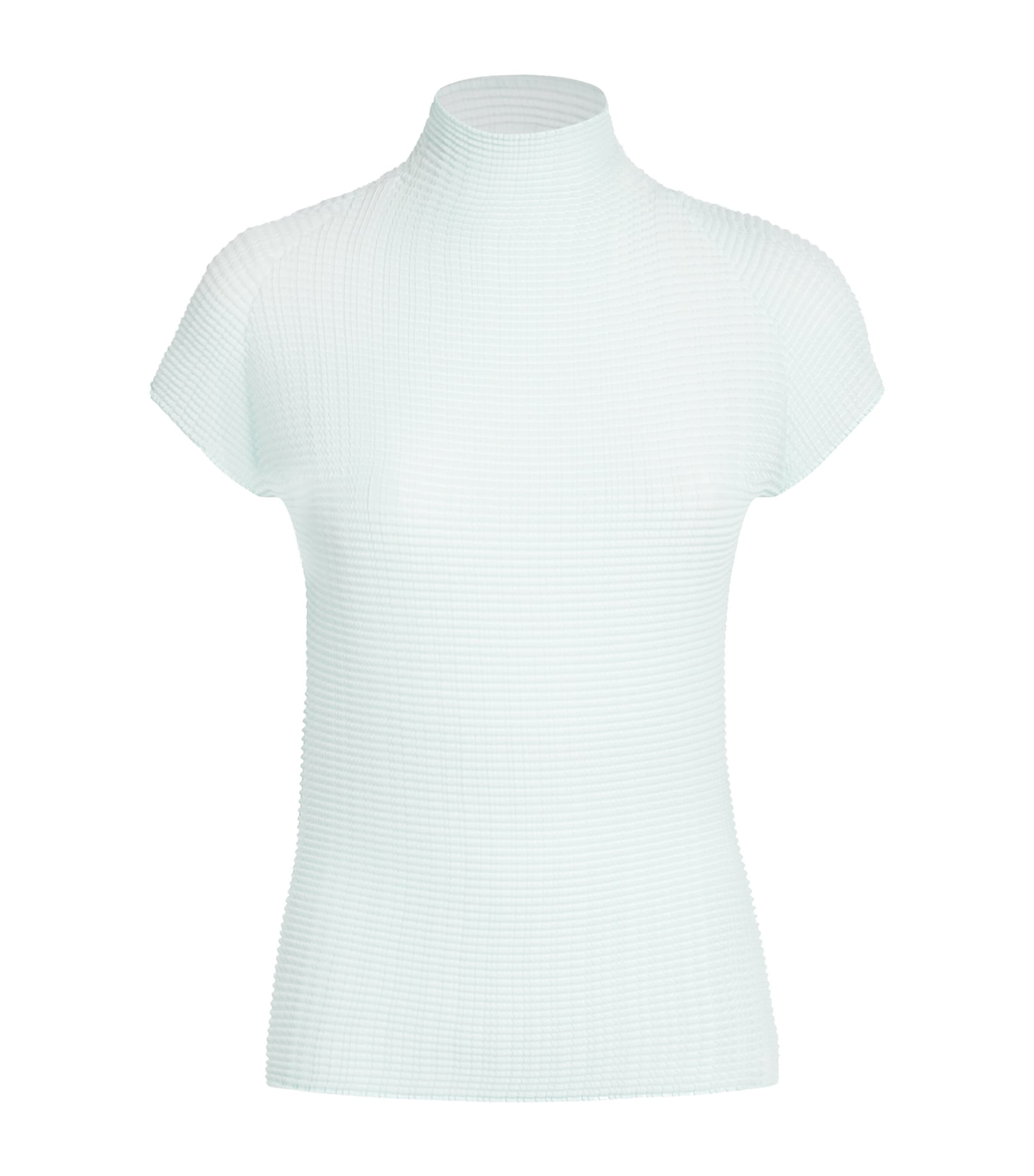 Issey Miyake Womens Wooly Pleats Mock-Neck Top Light Blue