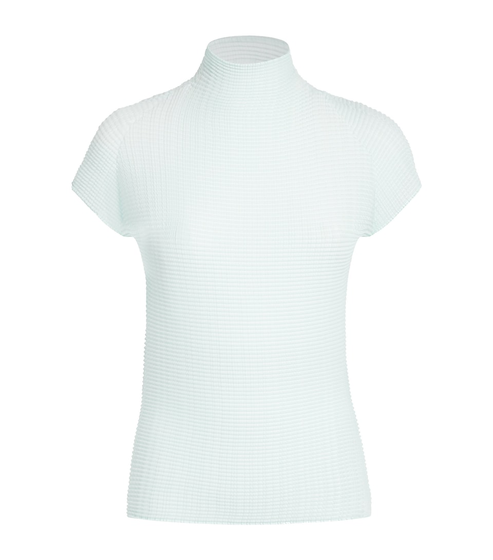 Issey Miyake Womens Wooly Pleats Mock-Neck Top Light Blue
