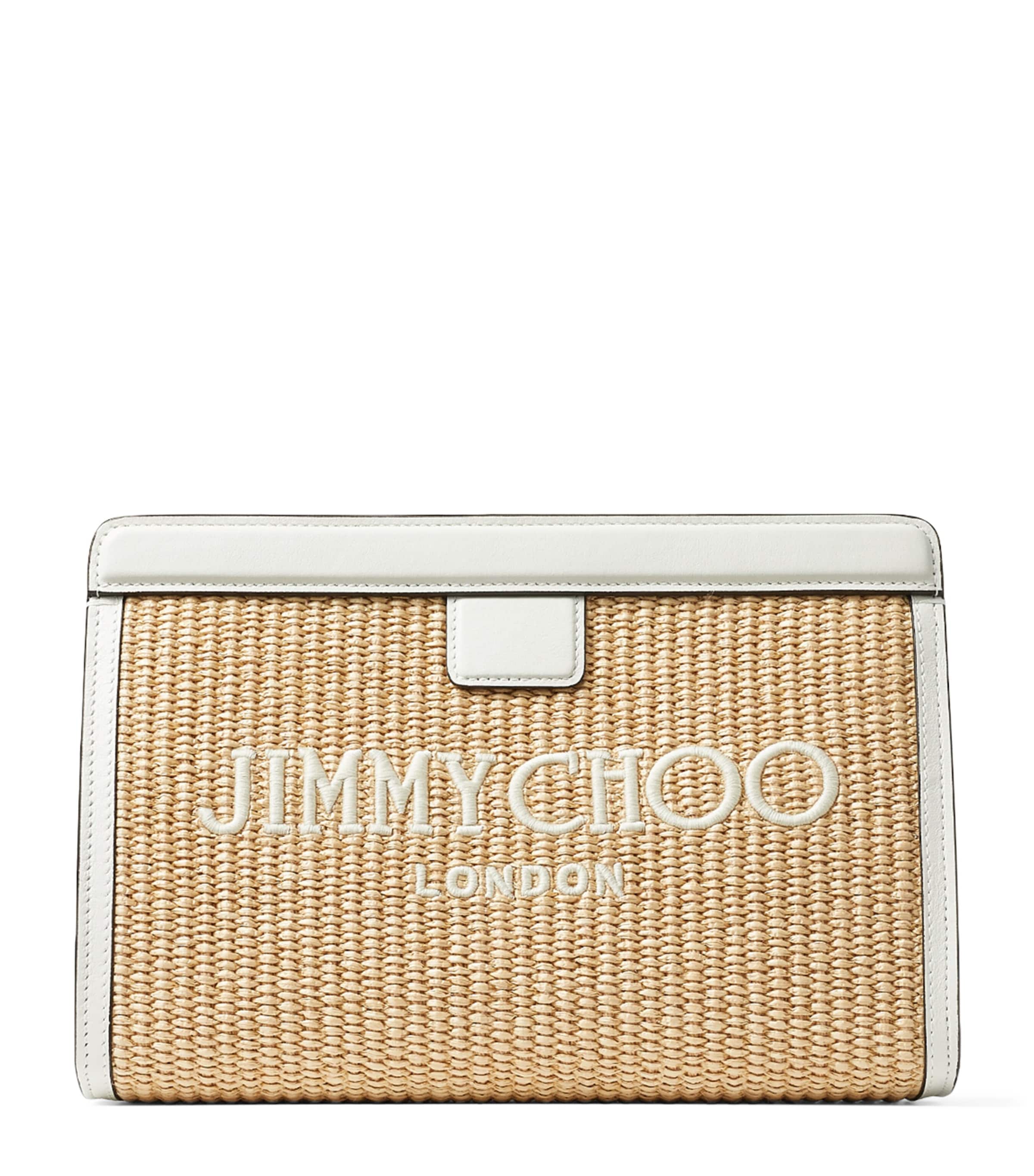 Jimmy Choo Raffia Leather-Trim Avenue Pouch Natural/latte