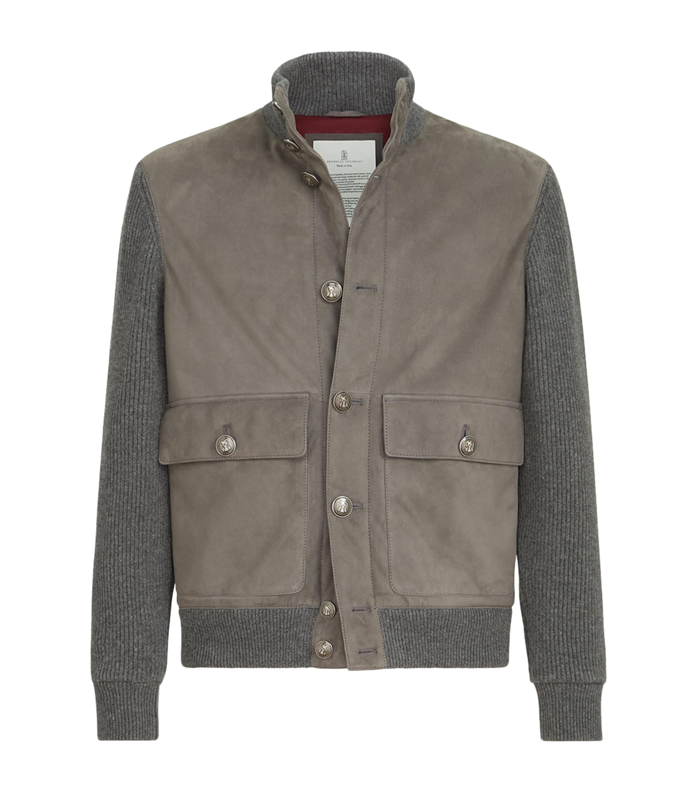Brunello Cucinelli Mens Cotton-Suede Hybrid Bomber Jacket