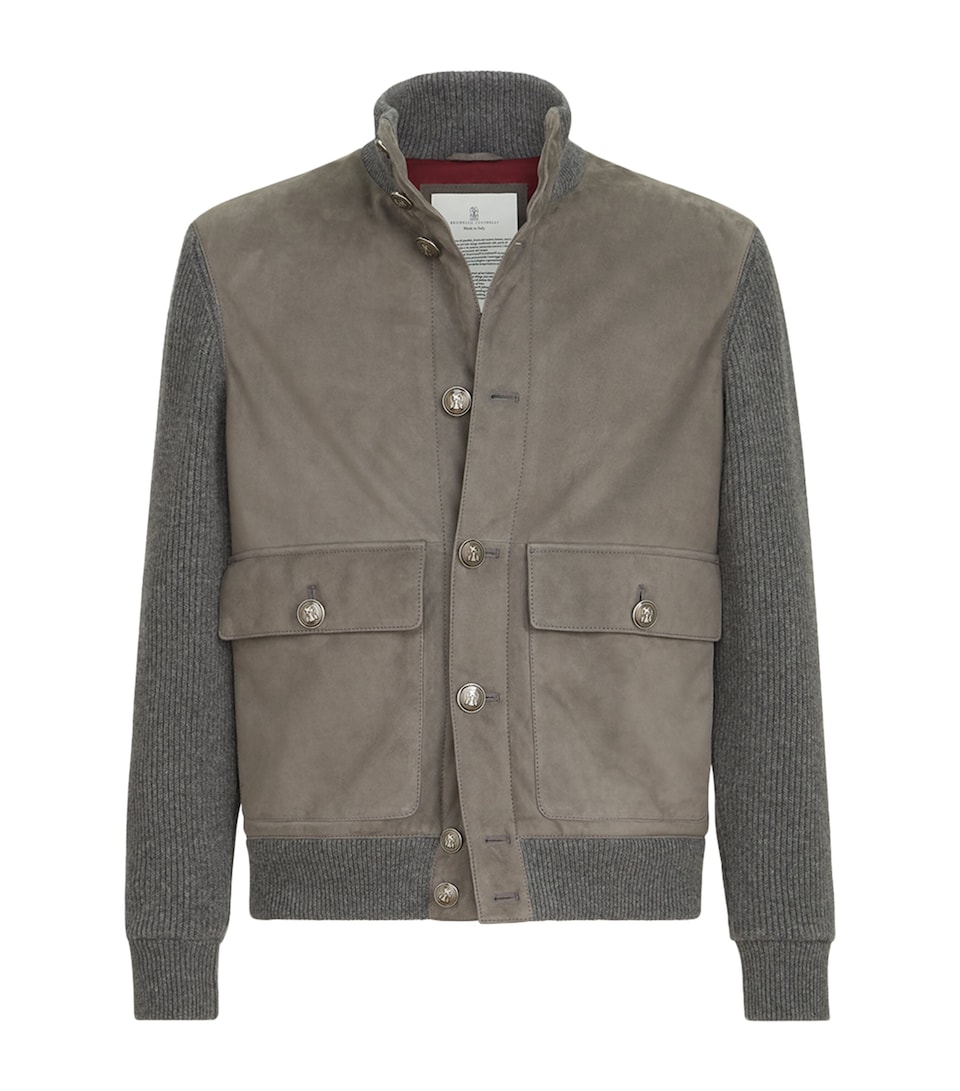 Brunello Cucinelli Mens Cotton-Suede Hybrid Bomber Jacket