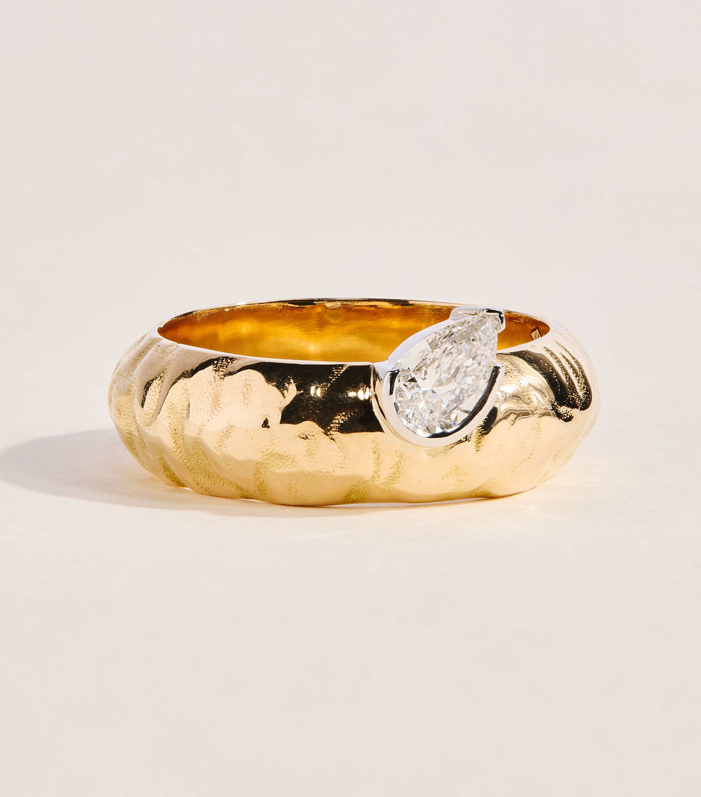 Azlee Yellow Gold and Diamond Weathered Dewdrop Ring Yellow Gold