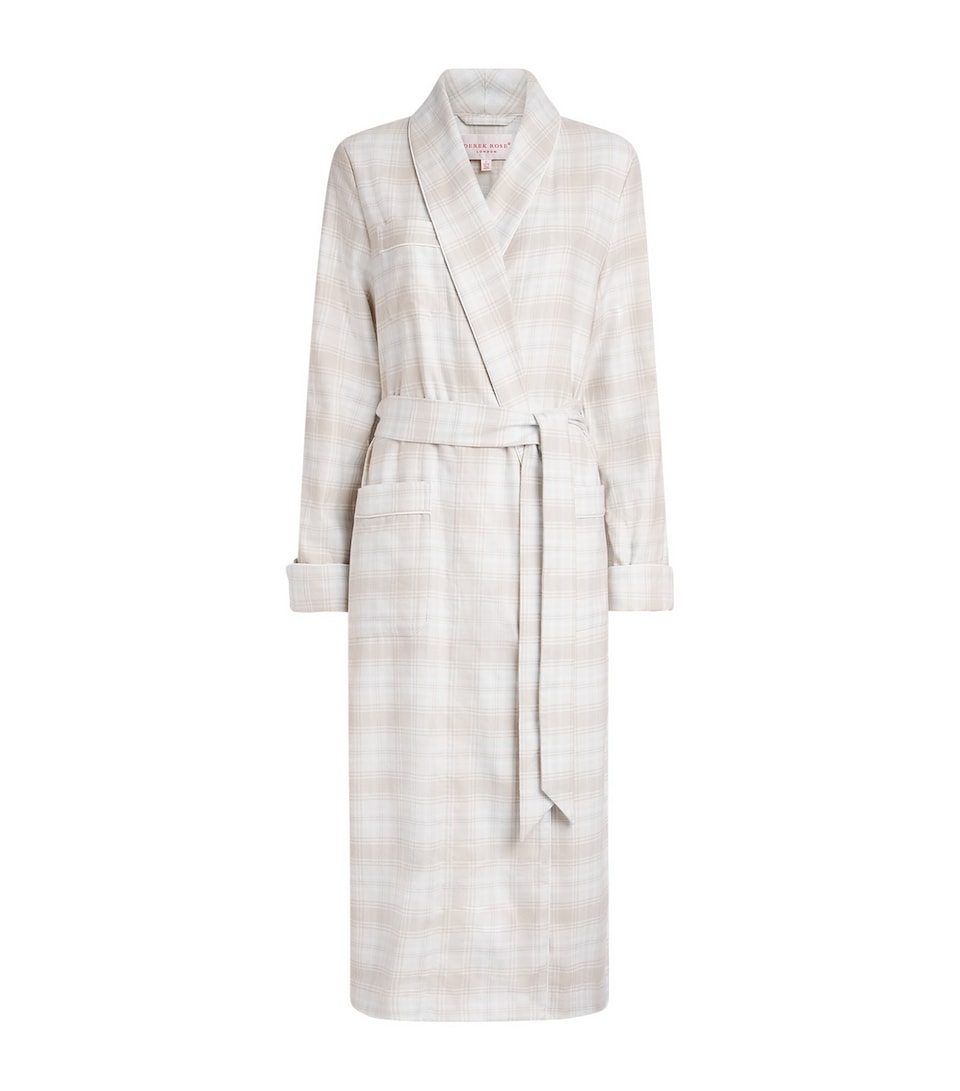 Derek Rose Womens Brushed Cotton Check Robe Beige