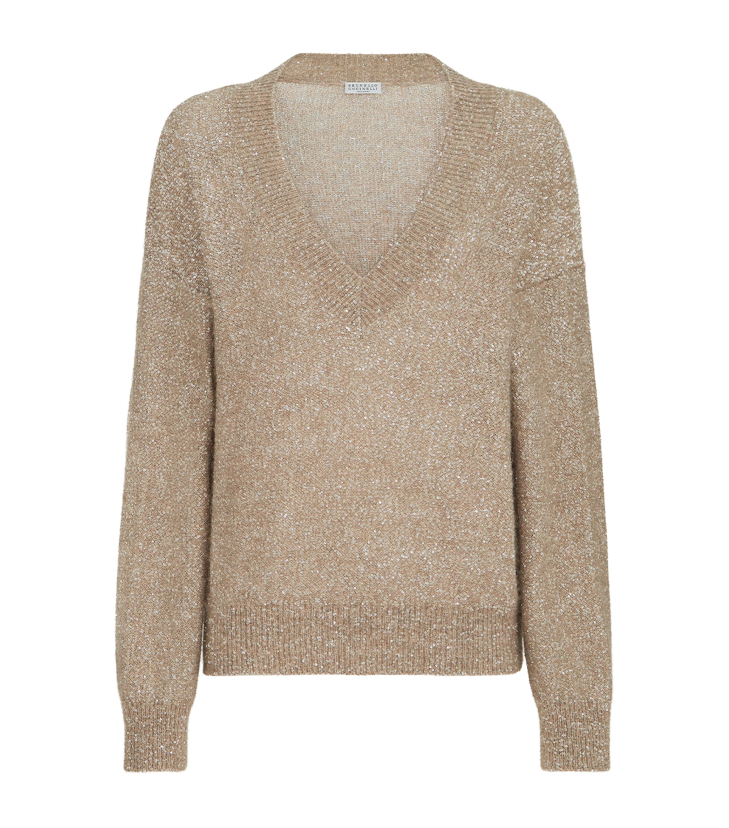 Brunello Cucinelli Womens Sparkling V-Neck Sweater Brown