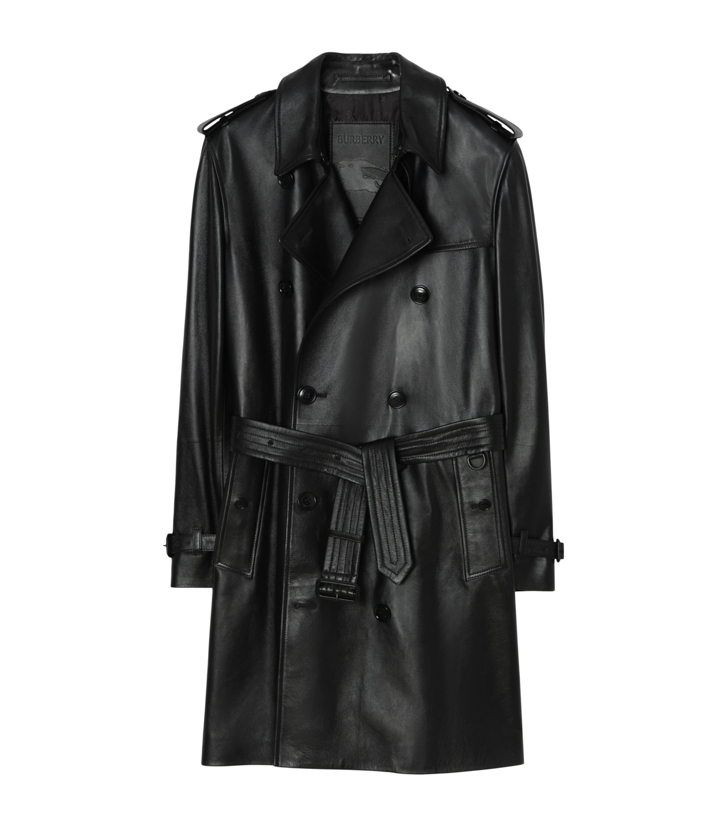 Burberry Mens Leather Kensington Trench Coat Black