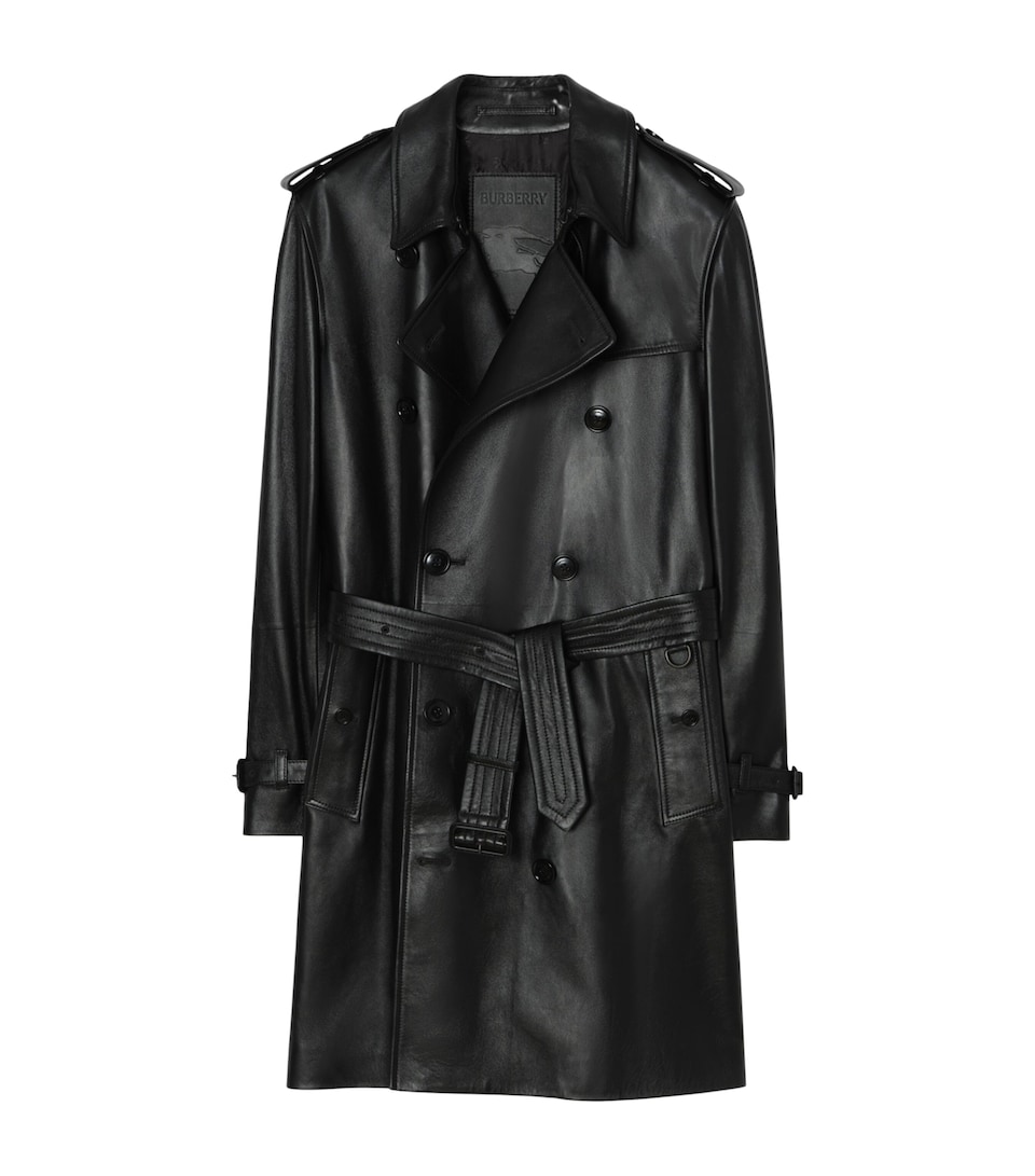 Burberry Mens Leather Kensington Trench Coat Black