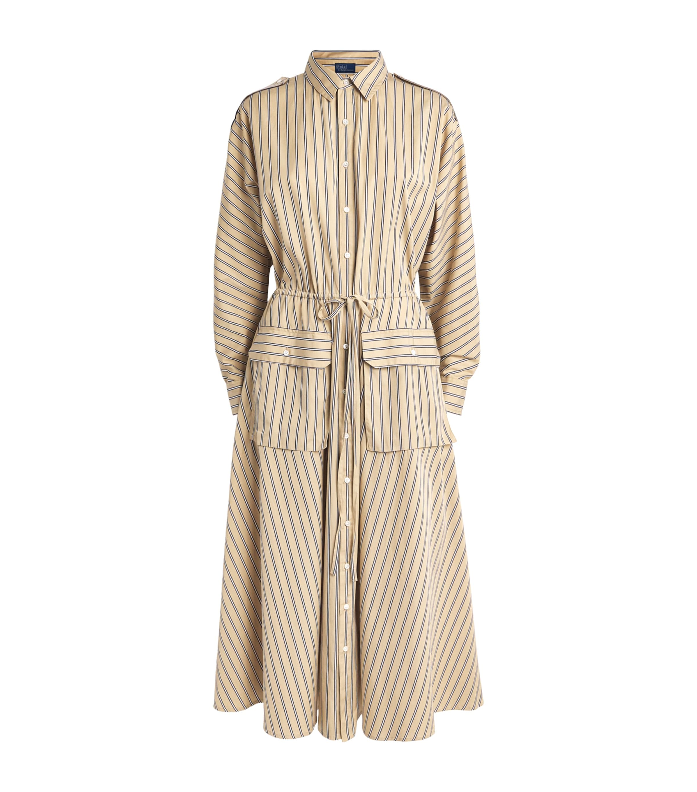 Polo Ralph Lauren Womens Cotton Stripe Midi Shirt Dress Tan Royal Mul