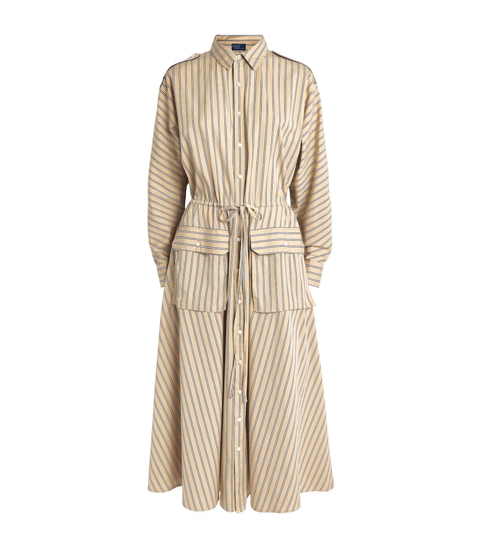 Polo Ralph Lauren Womens Cotton Stripe Midi Shirt Dress Tan Royal Mul