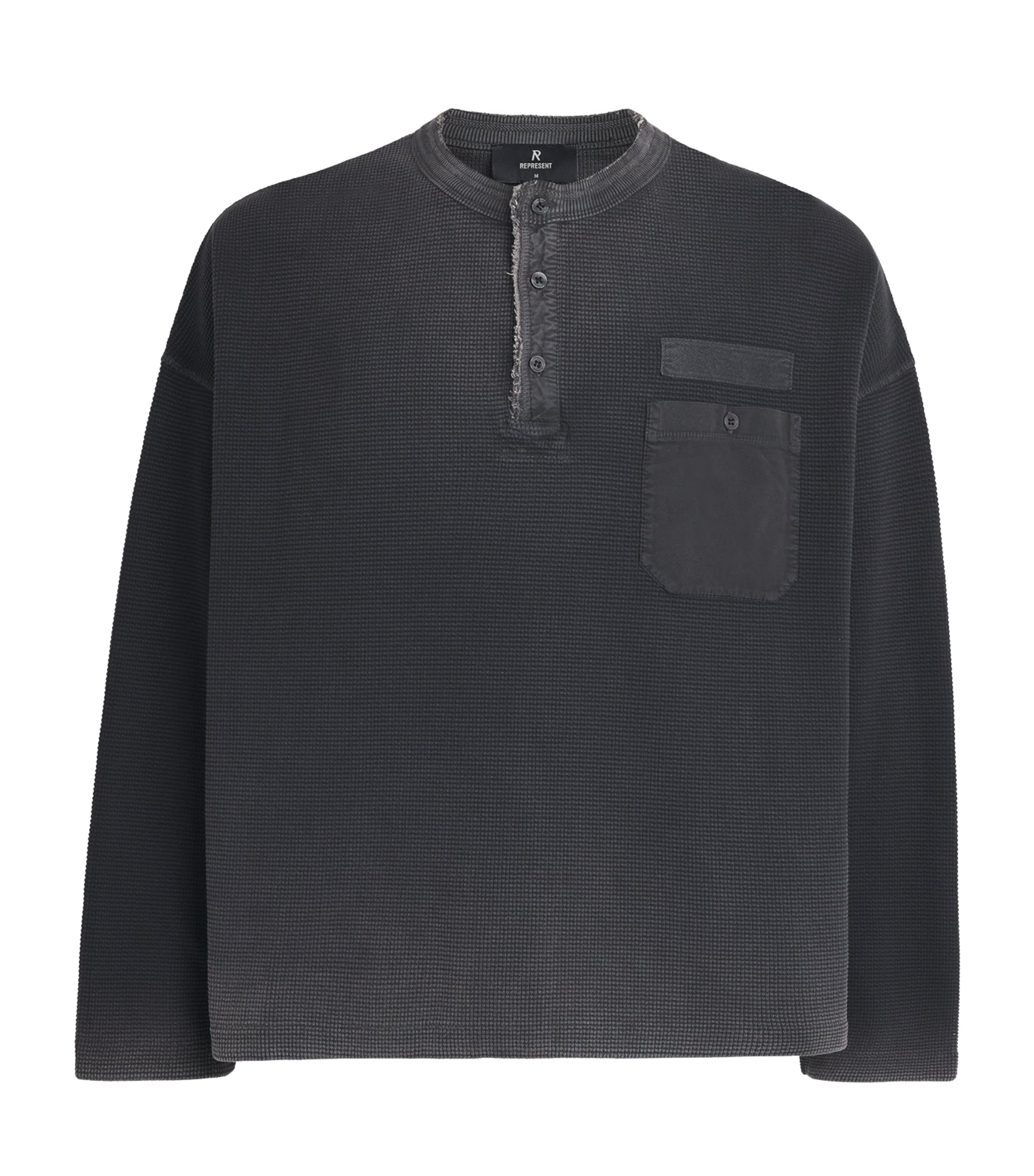 Represent Mens Heavyweight Cotton Henley Top Vintage Black