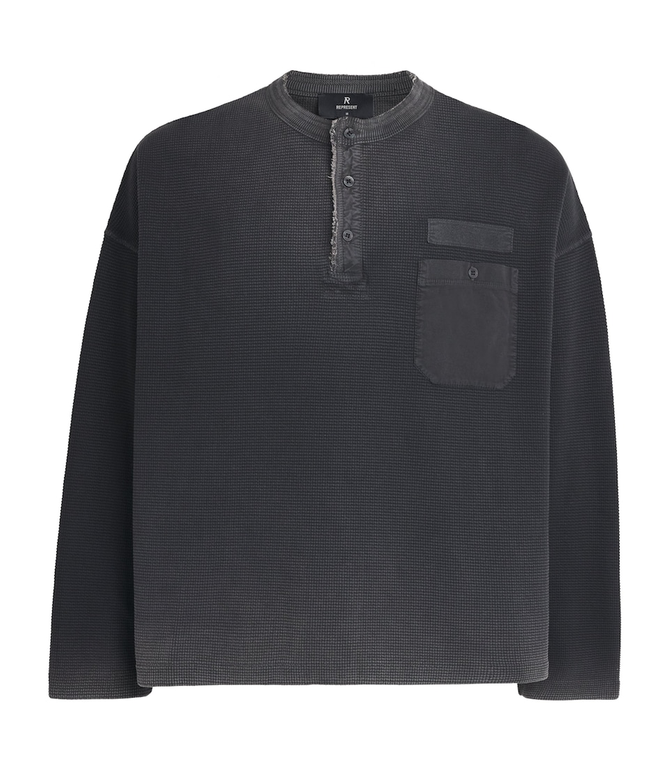 Represent Mens Heavyweight Cotton Henley Top Vintage Black