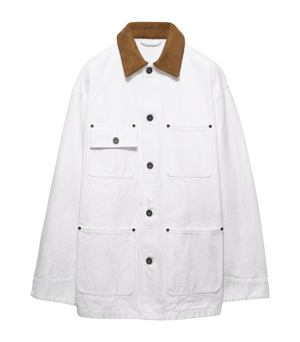 Prada Mens Canvas Leather-Collar Jacket White