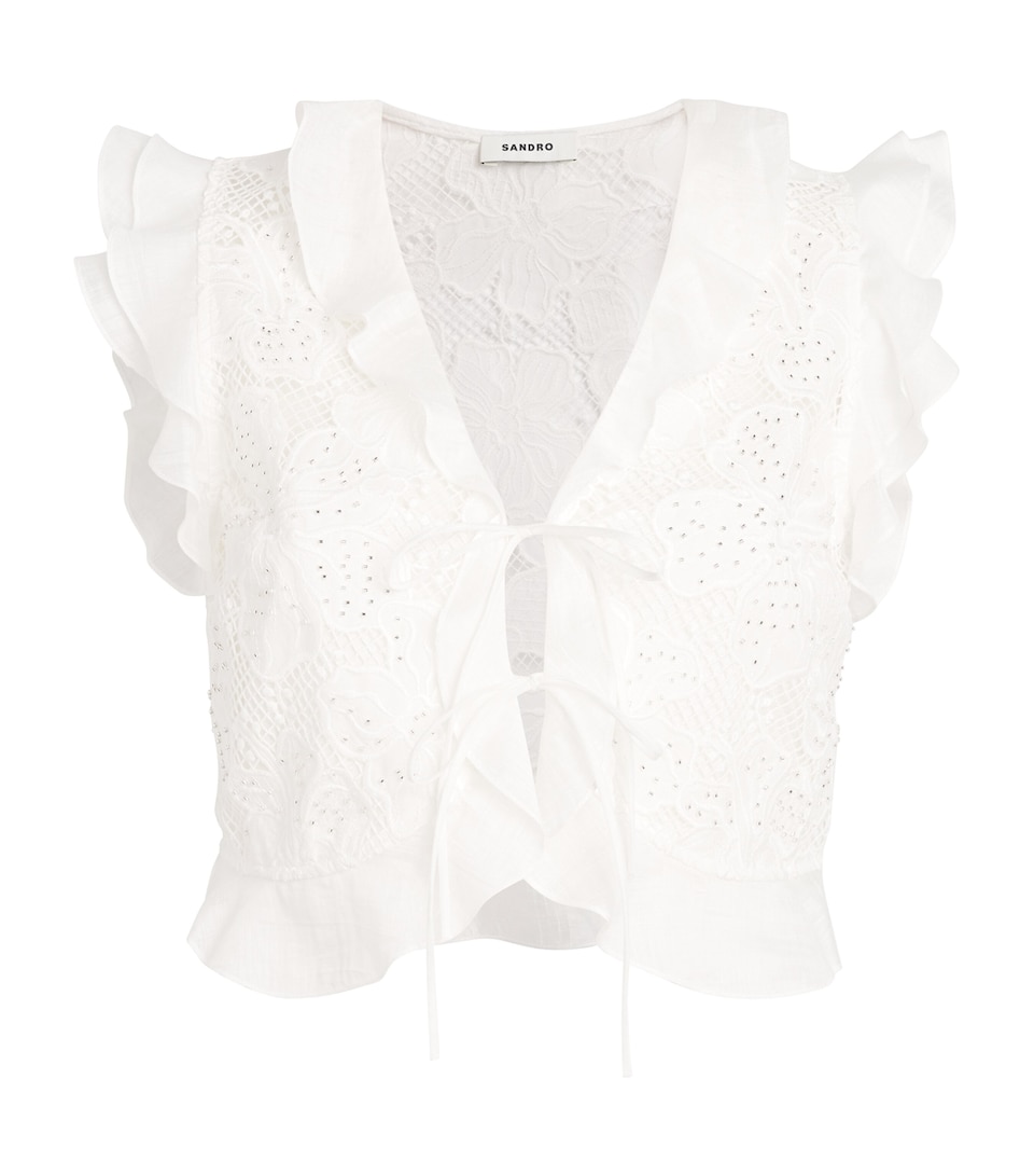 Sandro Paris Womens Guipure Lace Crop Top White