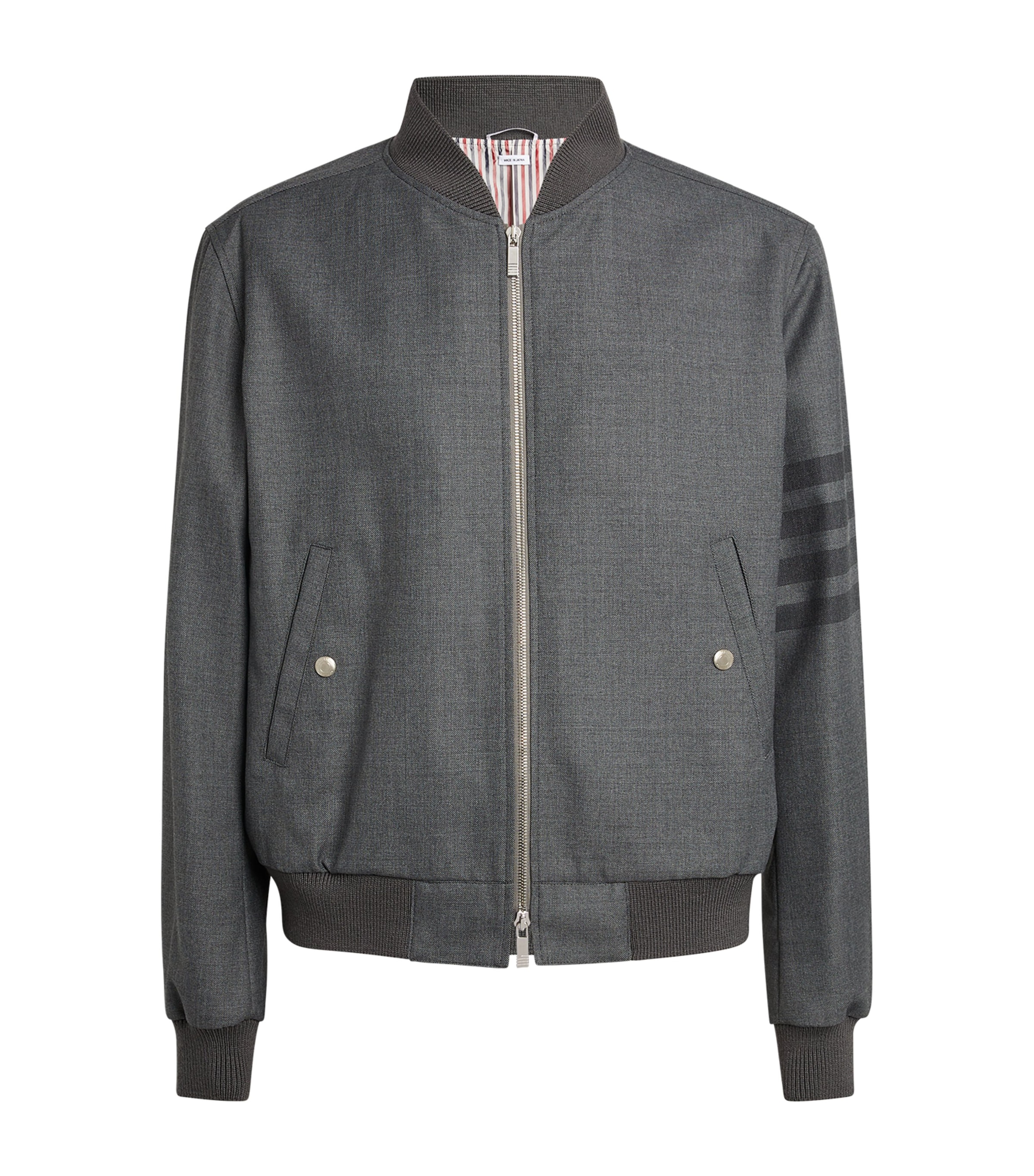 hirohi777THOM BROWNE グレー チェスターコート 黒メルトンチェスターコート×白丸首ニットセーター×ネイビー