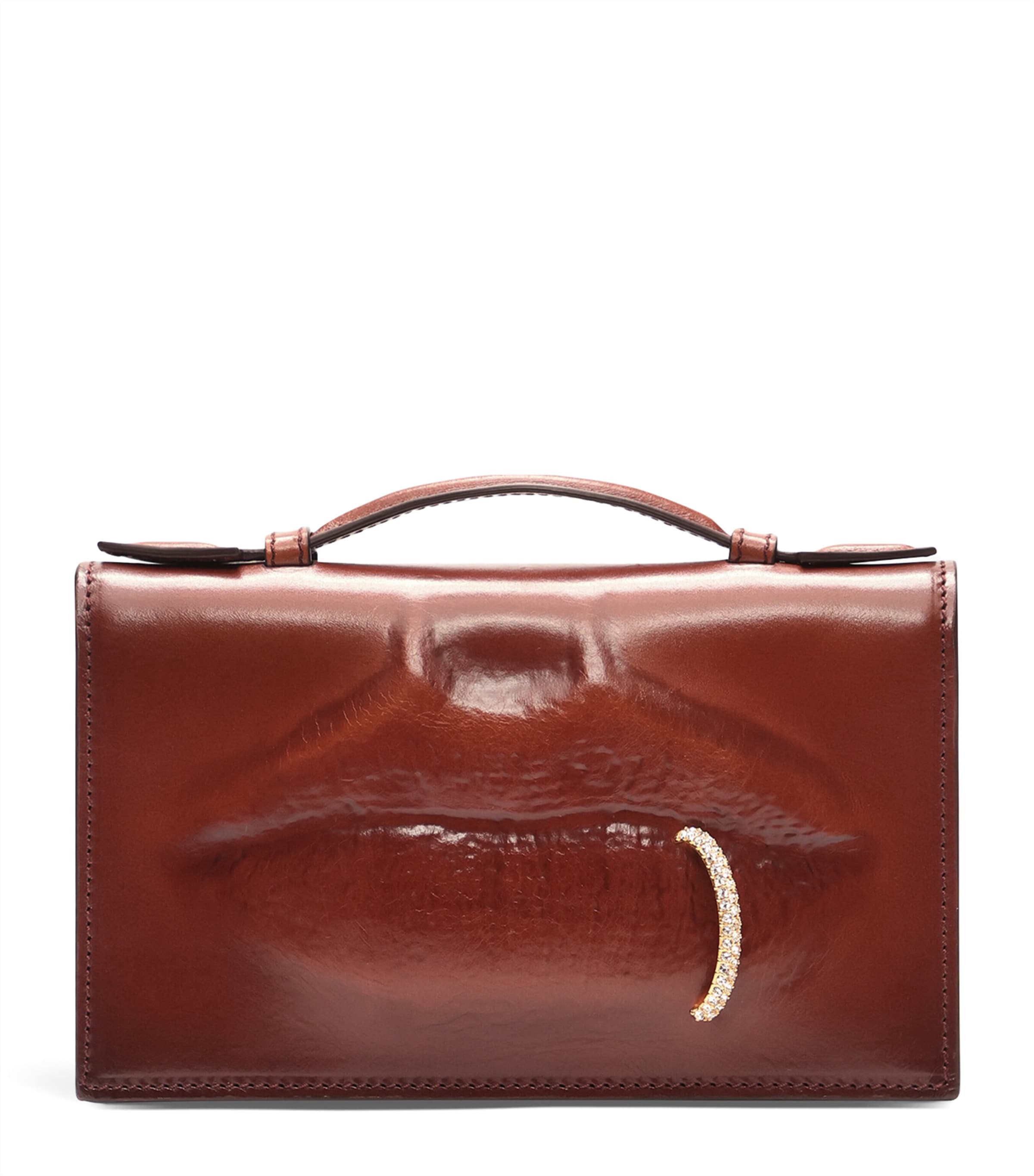 Schiaparelli Leather Molded Mouth Clutch Bag Cognac