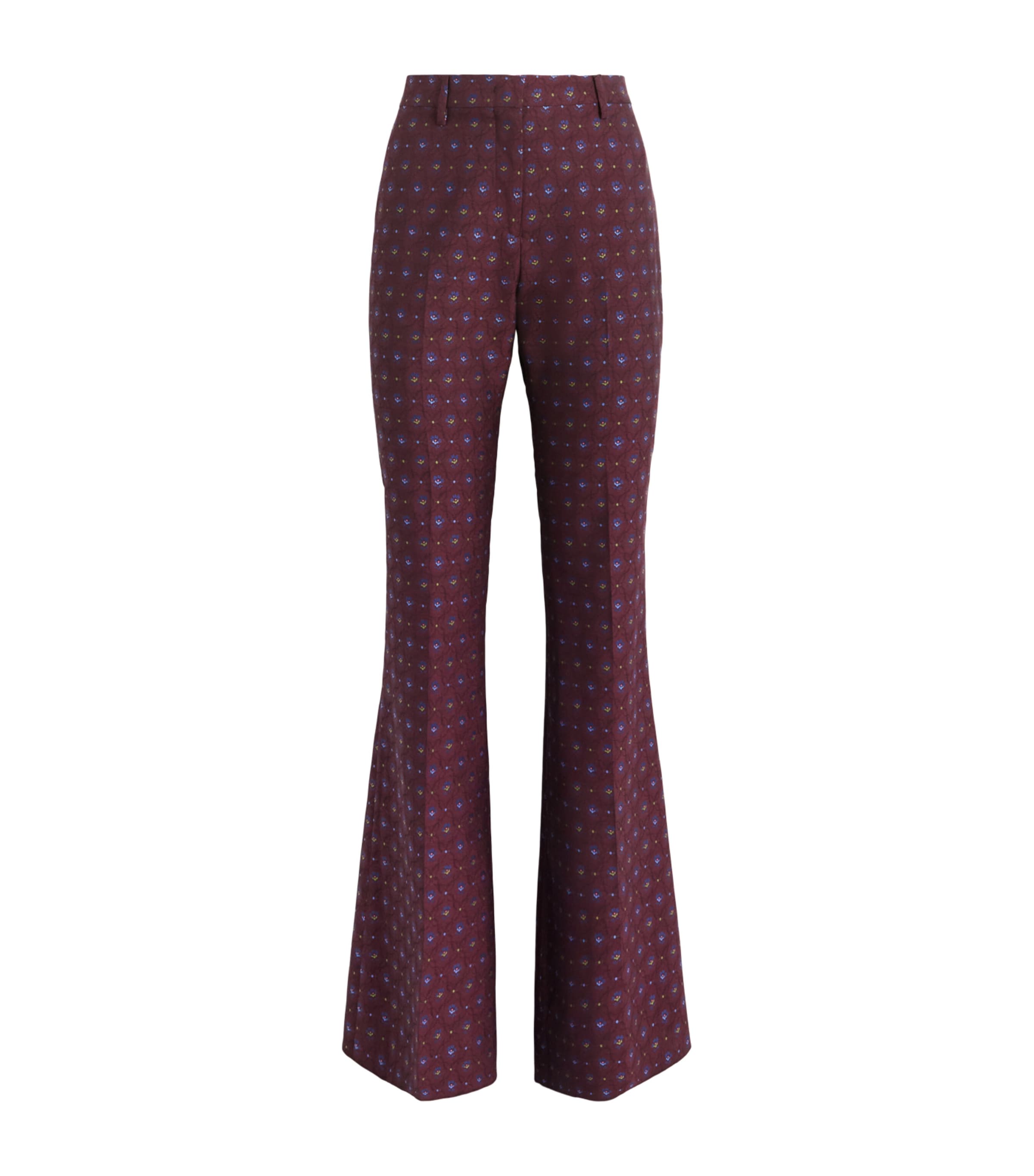 Etro Womens Wool-Cotton Floral Flared Trousers Burgundy