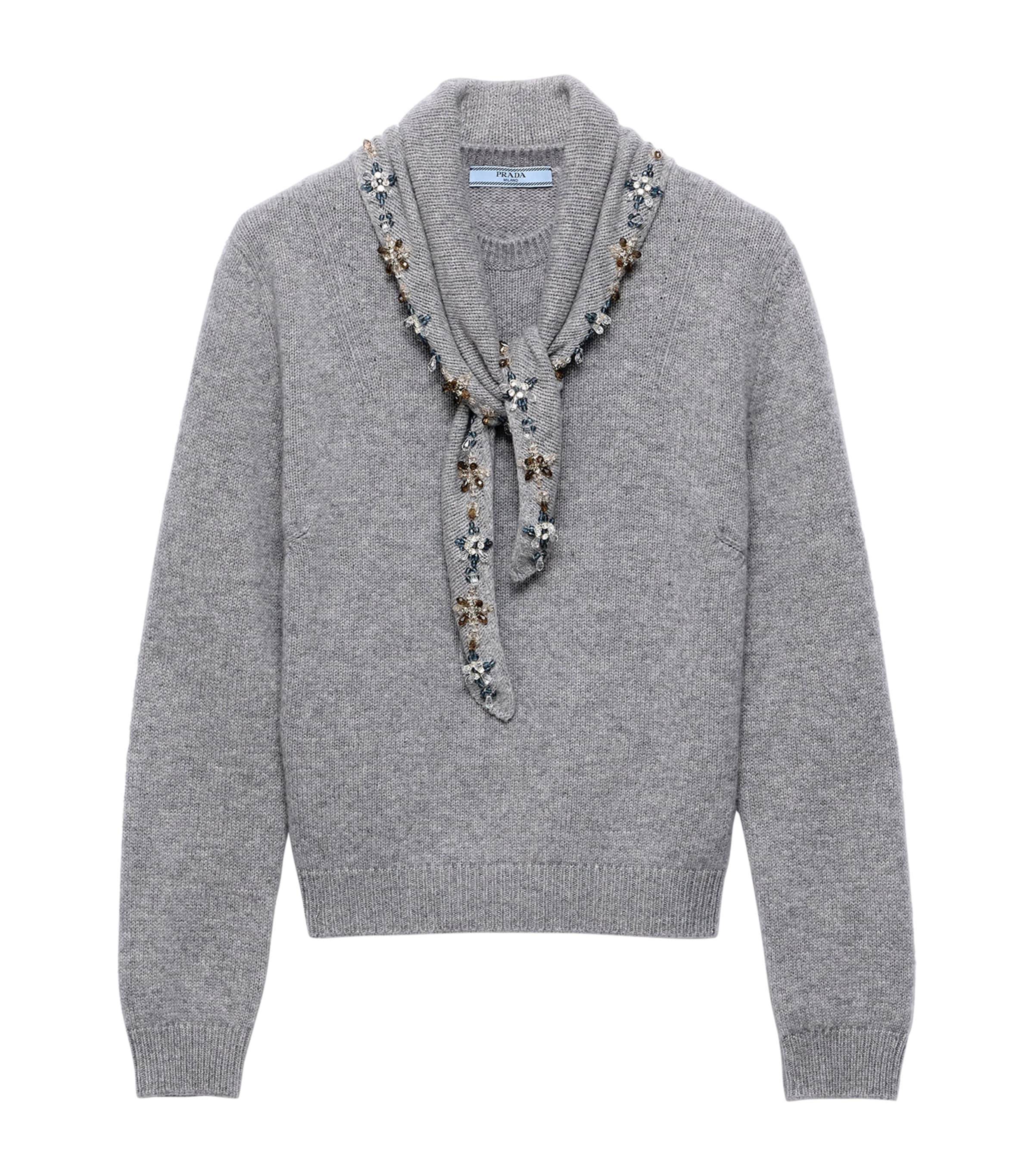 Prada Womens Cashmere Embellished Scarf-Detail Sweater Grey