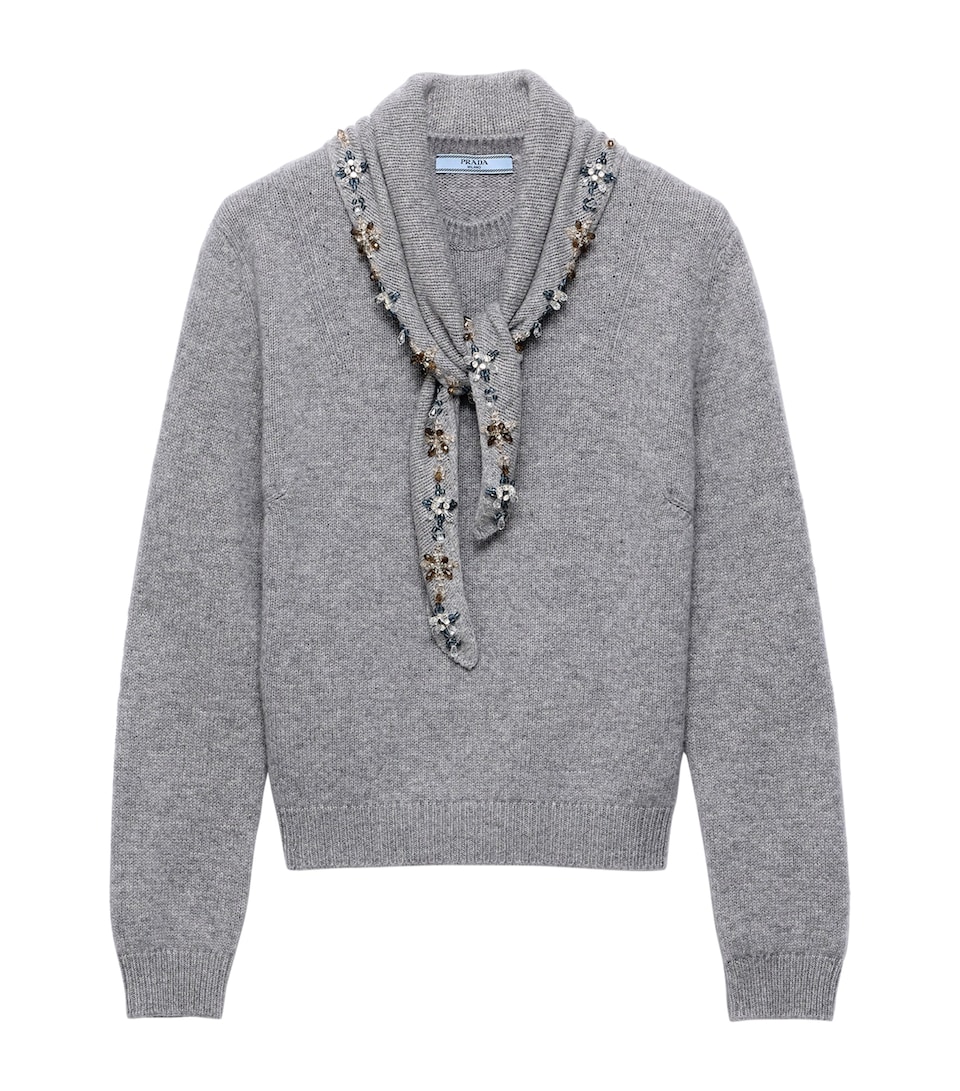 Prada Womens Cashmere Embellished Scarf-Detail Sweater Grey