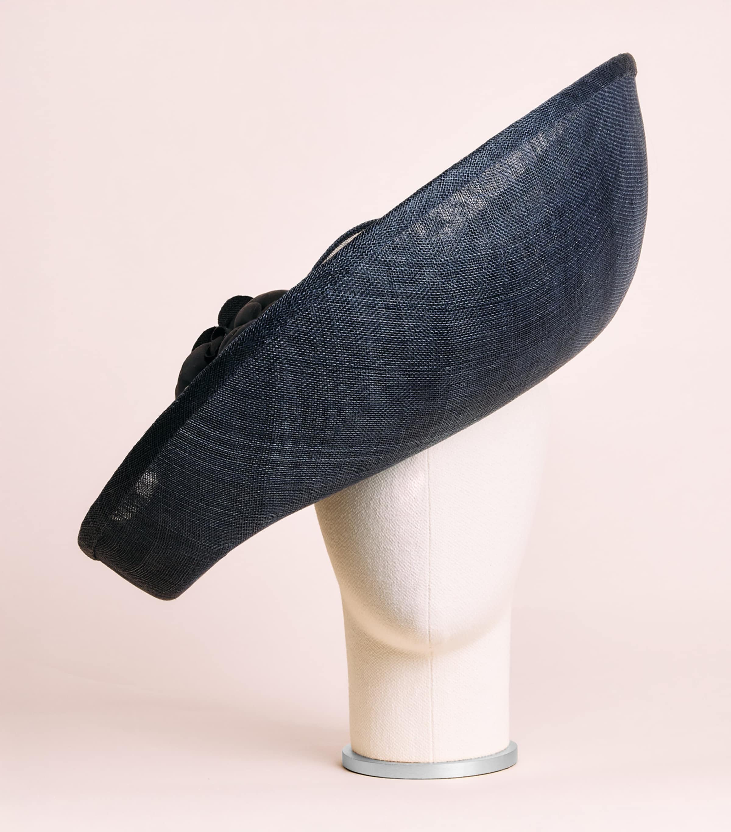 Rachel Trevor-Morgan Straw Camelias and Bow Fascinator Navy