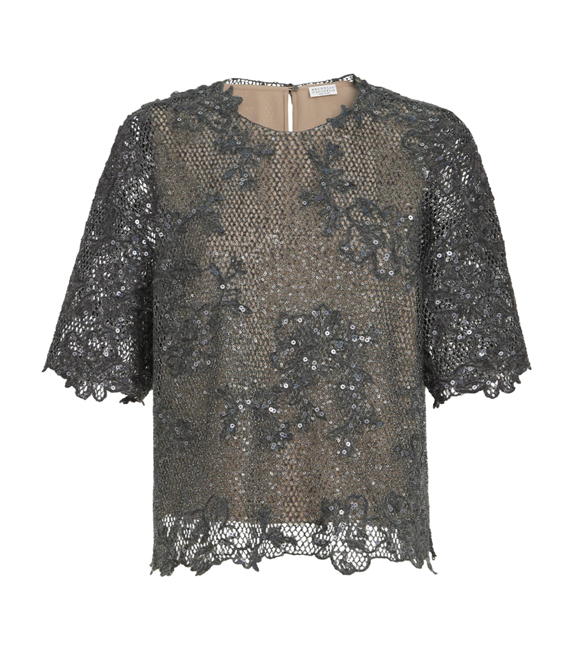 Brunello Cucinelli Womens Sequin-Embellished Lace Top Dark Grey