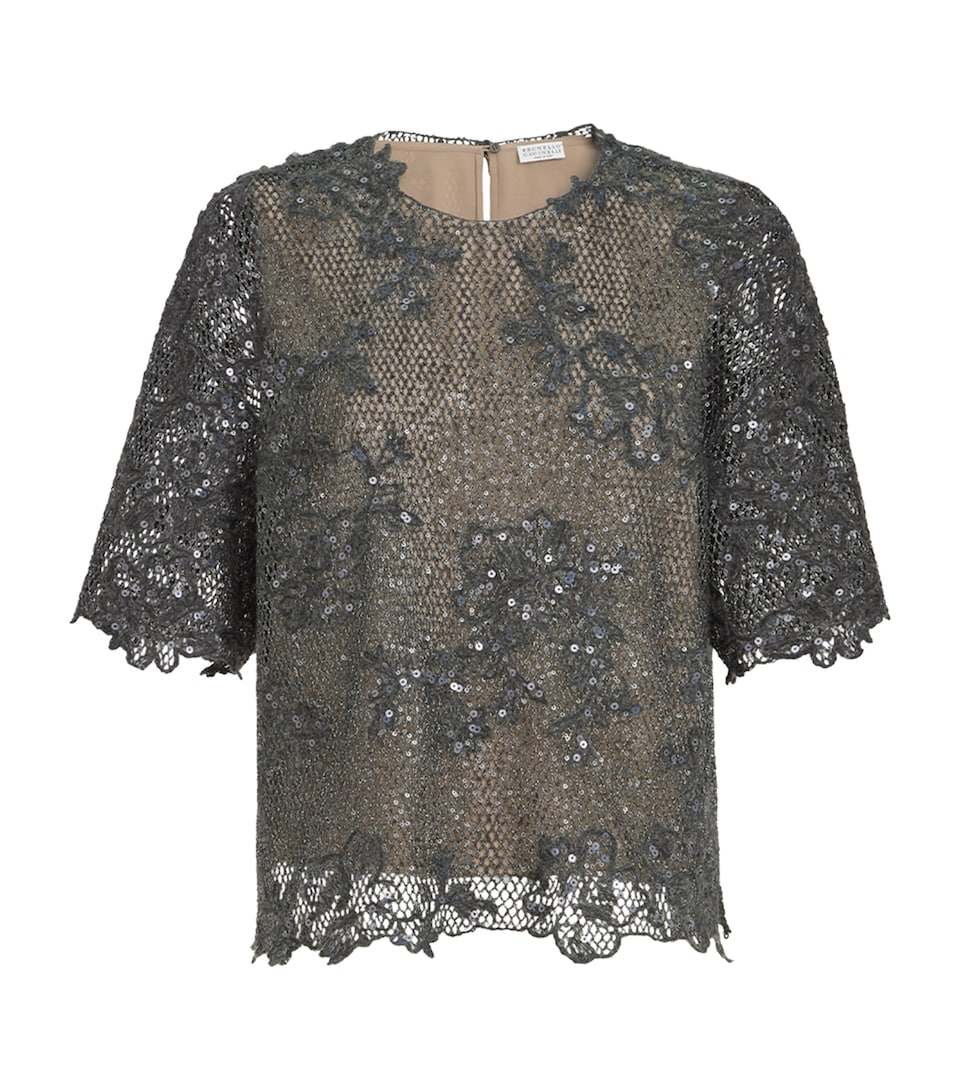 Brunello Cucinelli Womens Sequin-Embellished Lace Top Dark Grey