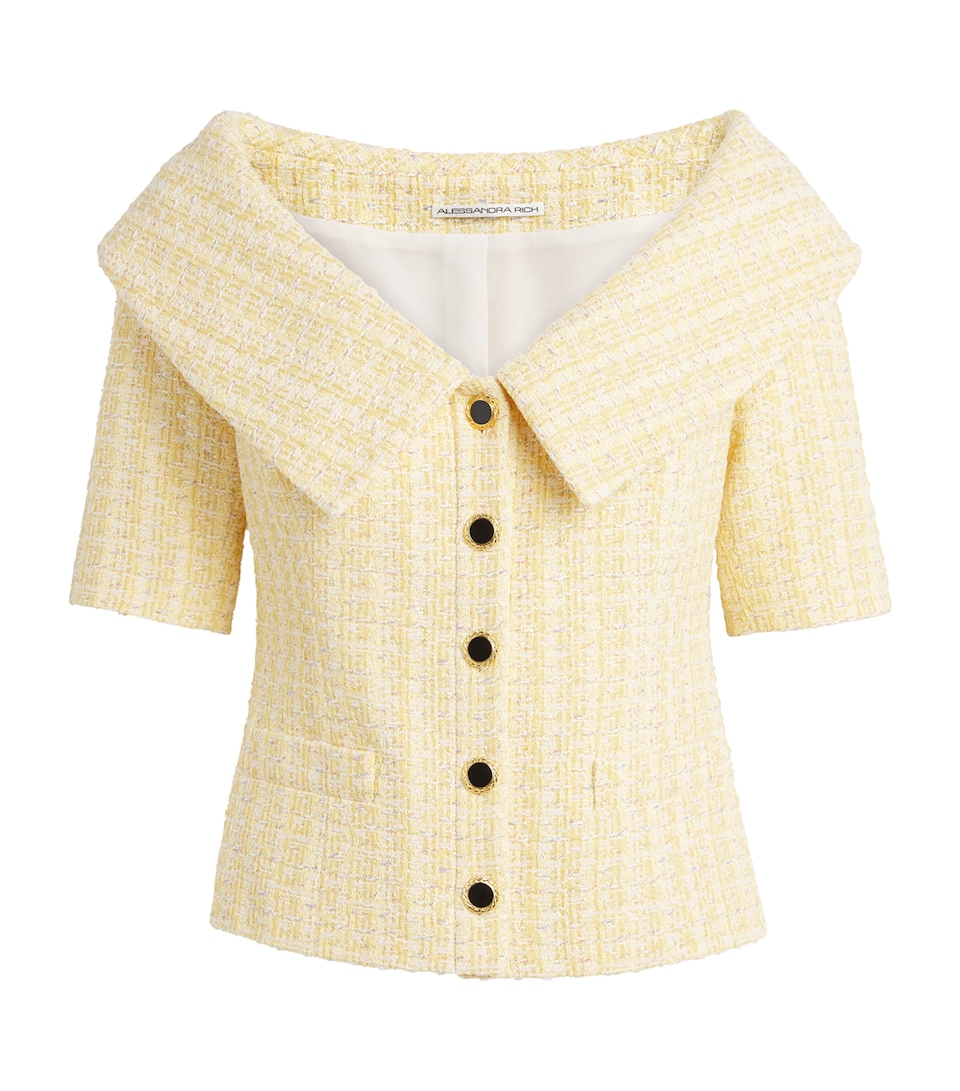 Alessandra Rich Womens Tweed Sequin Off-The-Shoulder Top Yellow Whit