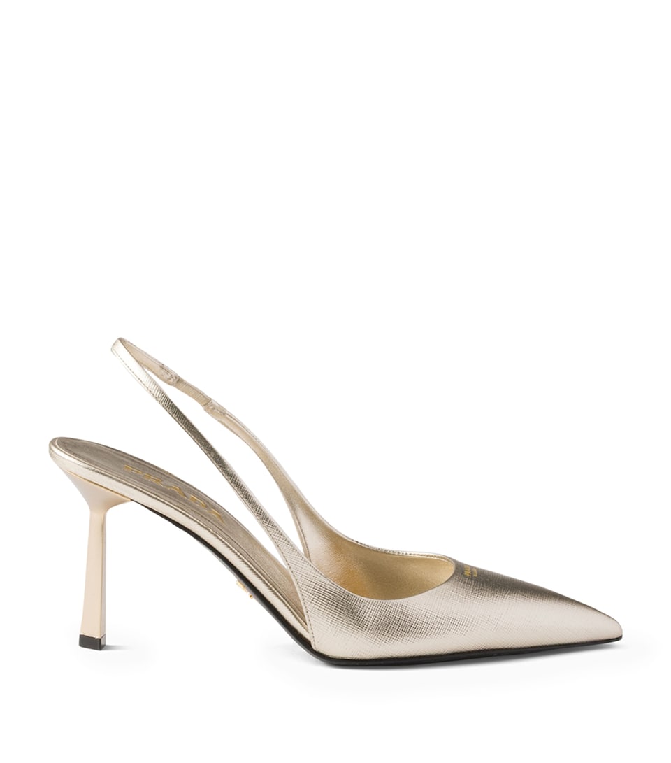 Prada Metallic Saffiano Leather Slingback Heels 75 Gold/silver