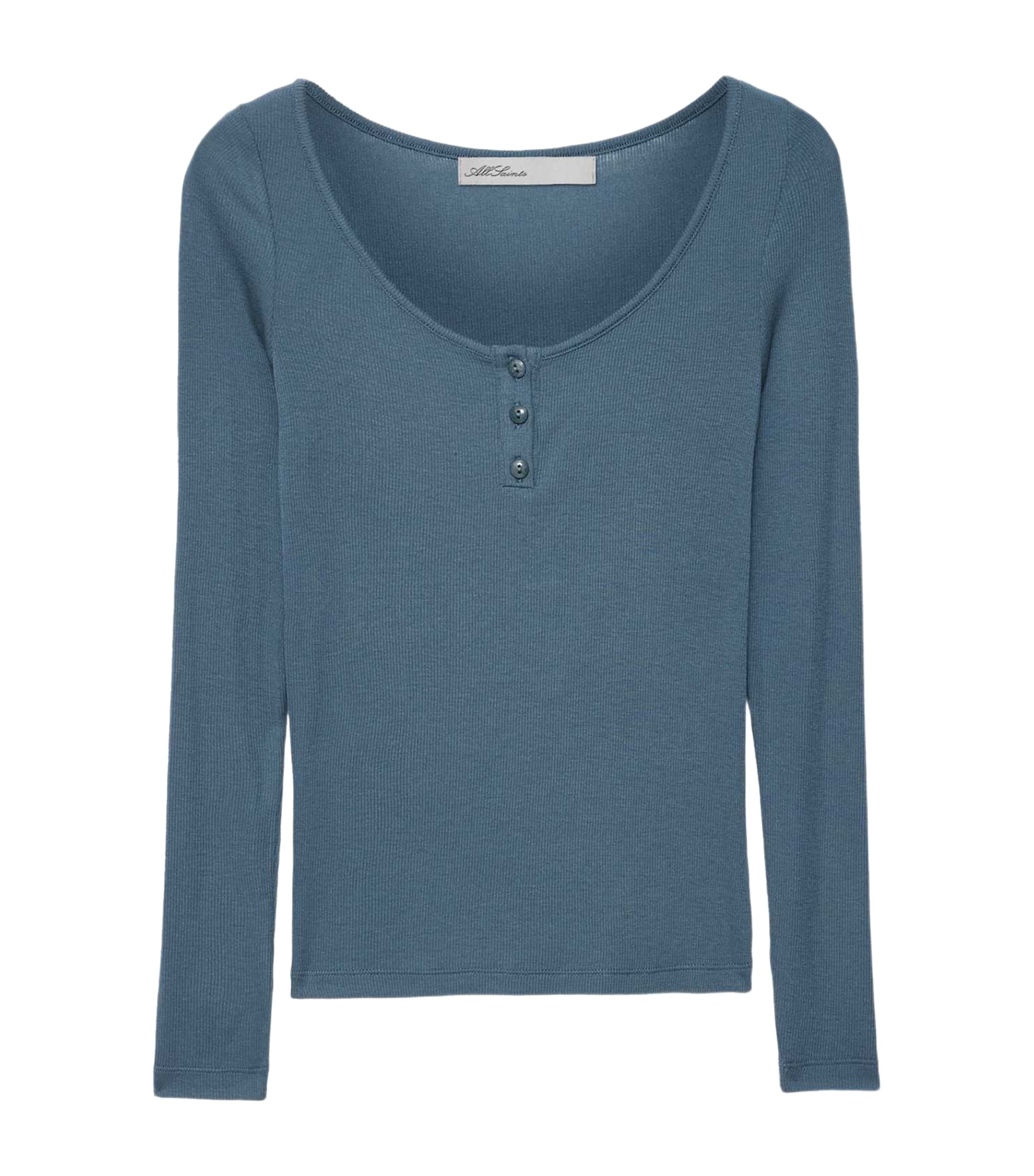 AllSaints Womens Jules Henley T-Shirt Teal Blue