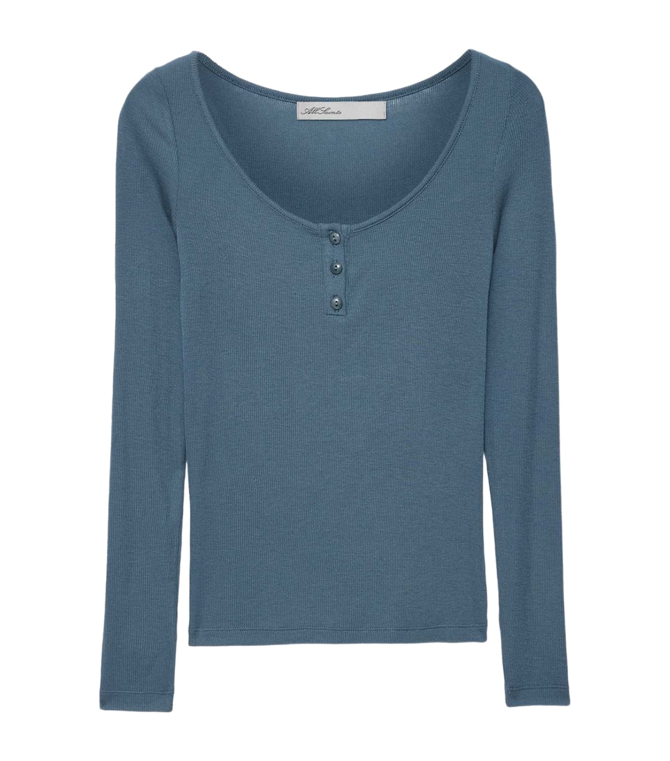 AllSaints Womens Jules Henley T-Shirt Teal Blue