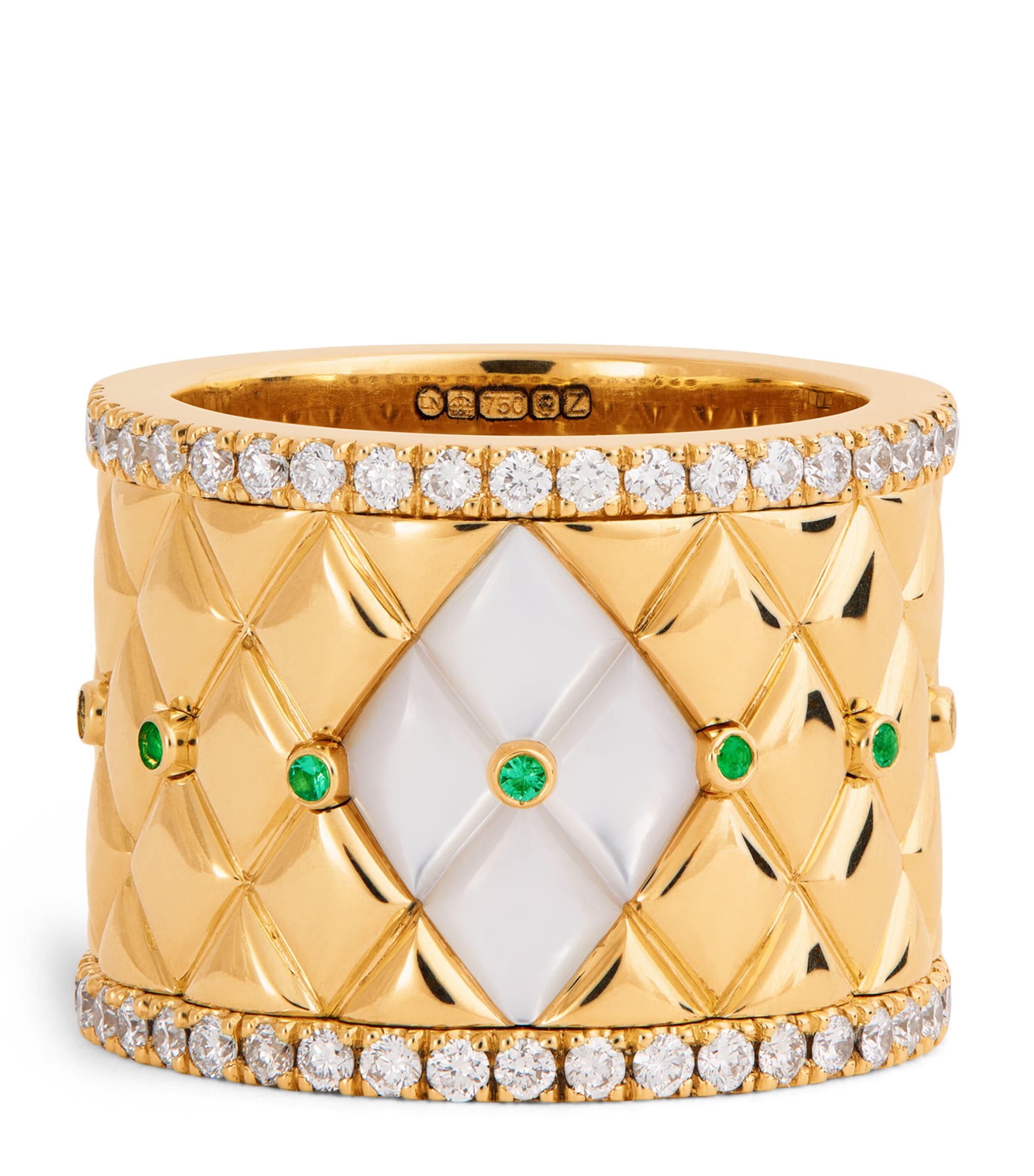 Large Yellow Gold, Diamond, Emerald and Pearl Bond Street Ring (Size 53)