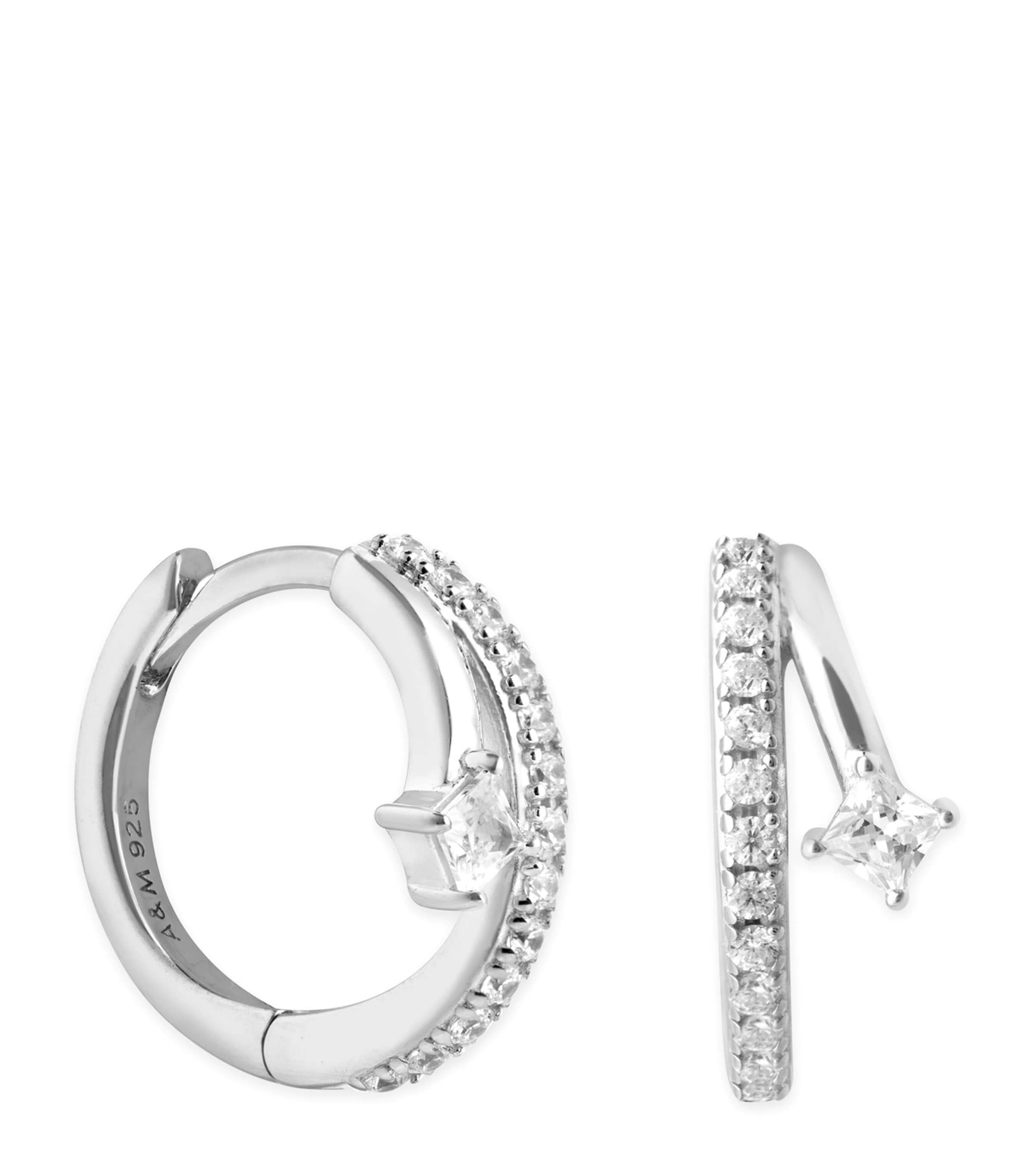 Rhodium-Plated Sterling Silver and Cubic Zirconia Crystal Illusion Huggie Earrings
