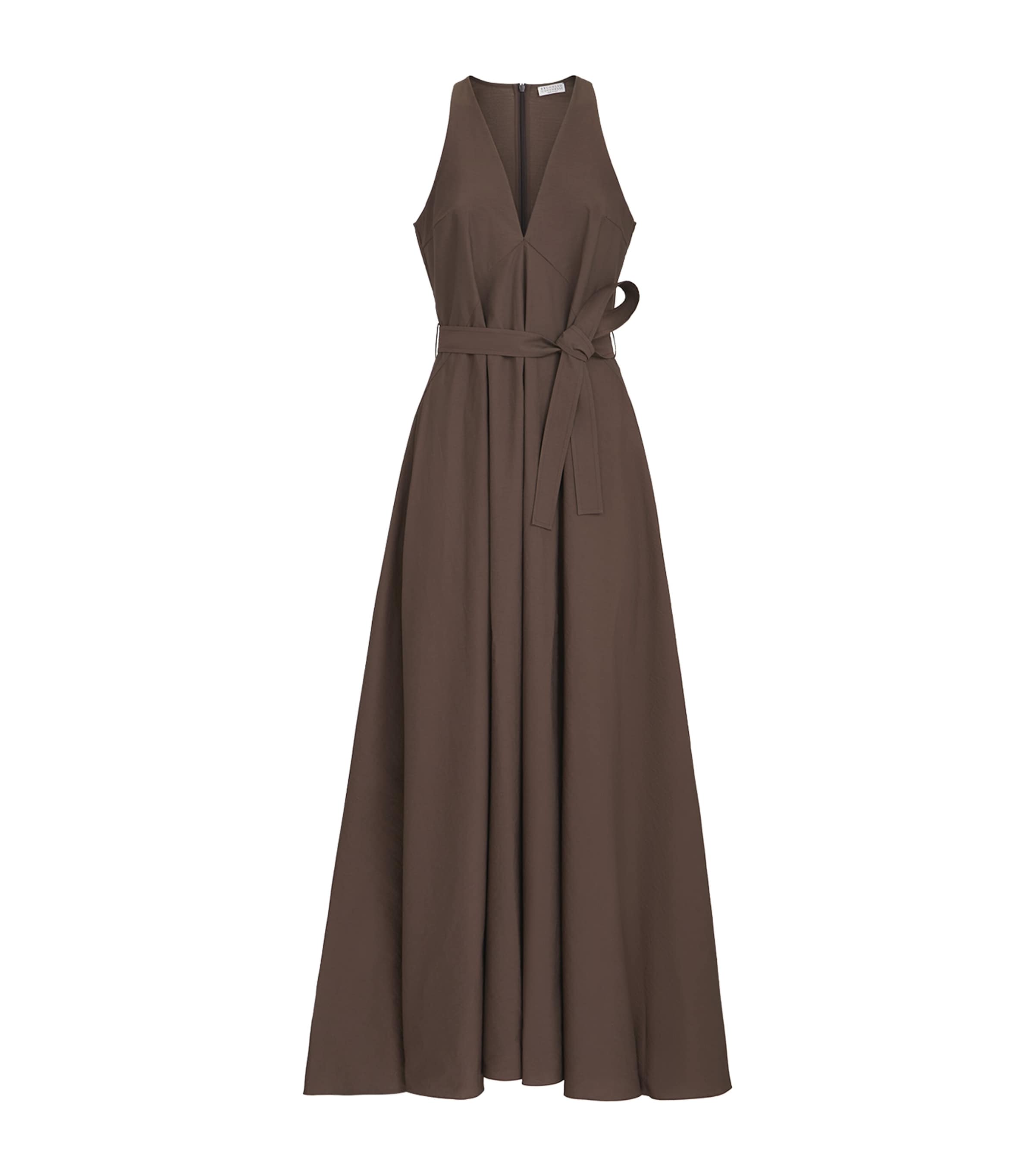 Brunello Cucinelli Womens Techno-Cotton Poplin Belted Maxi Dress Chocolate
