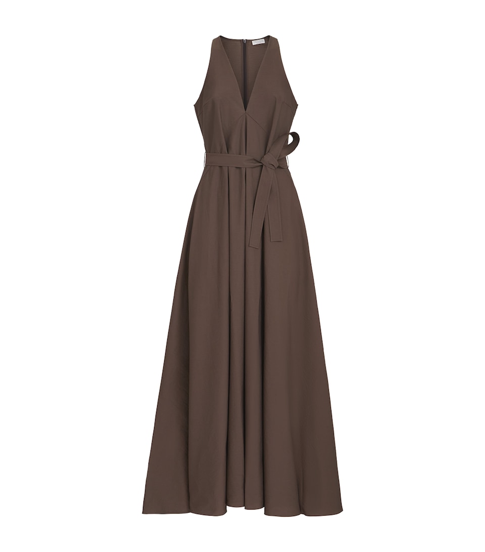 Brunello Cucinelli Womens Techno-Cotton Poplin Belted Maxi Dress Chocolate