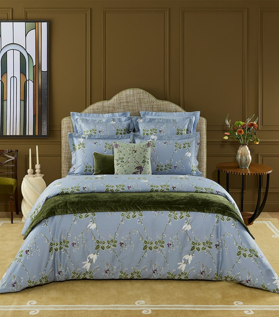 Yves Delorme Organic Cotton Rameau Double Fitted Sheet (140cm x 200cm) Blue