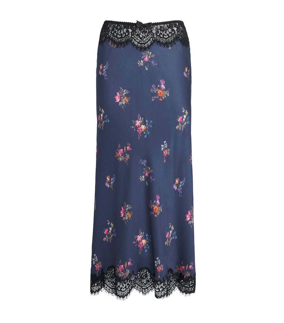Self-Portrait Womens Satin Floral Print Maxi Skirt Navy