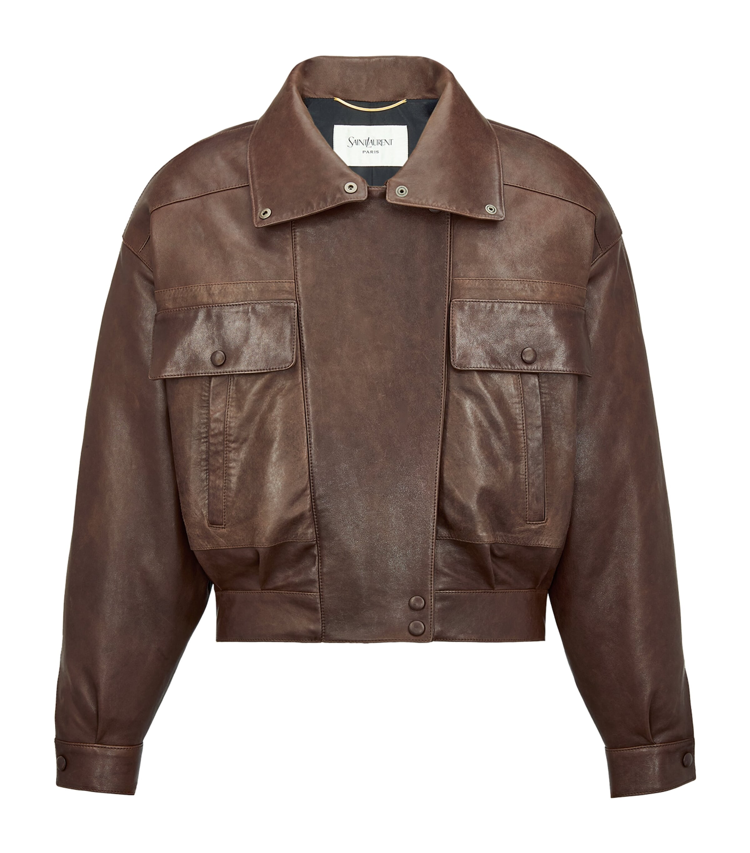 Saint Laurent Womens Leather Funnel-Neck Bomber Jacket