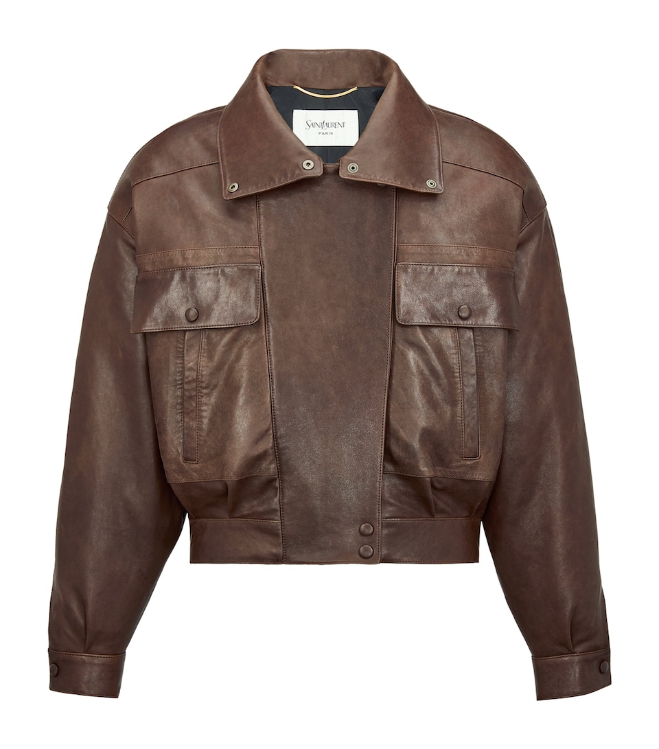 Saint Laurent Womens Leather Funnel-Neck Bomber Jacket