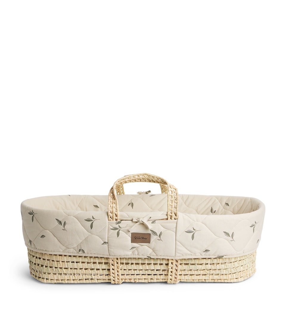 The Little Green Sheep Quilted Moses Basket and Mattress Leaves