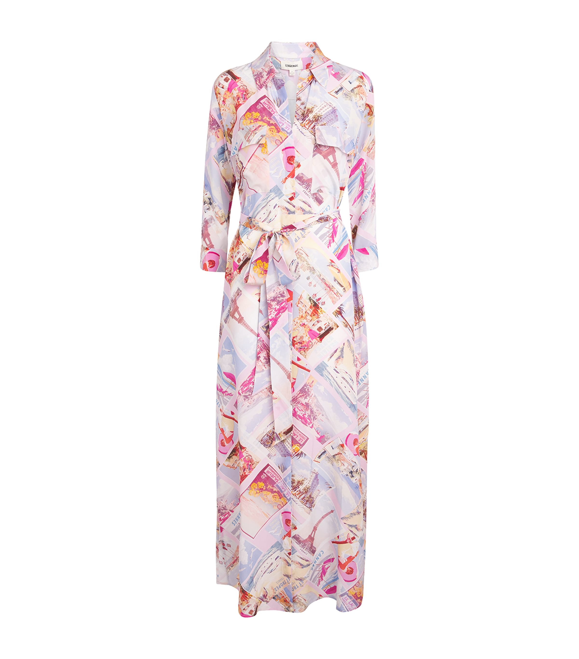 L'Agence Womens Silk Printed Cameron Maxi Shirt Dress Pink Mlt Pstcrd Prnt