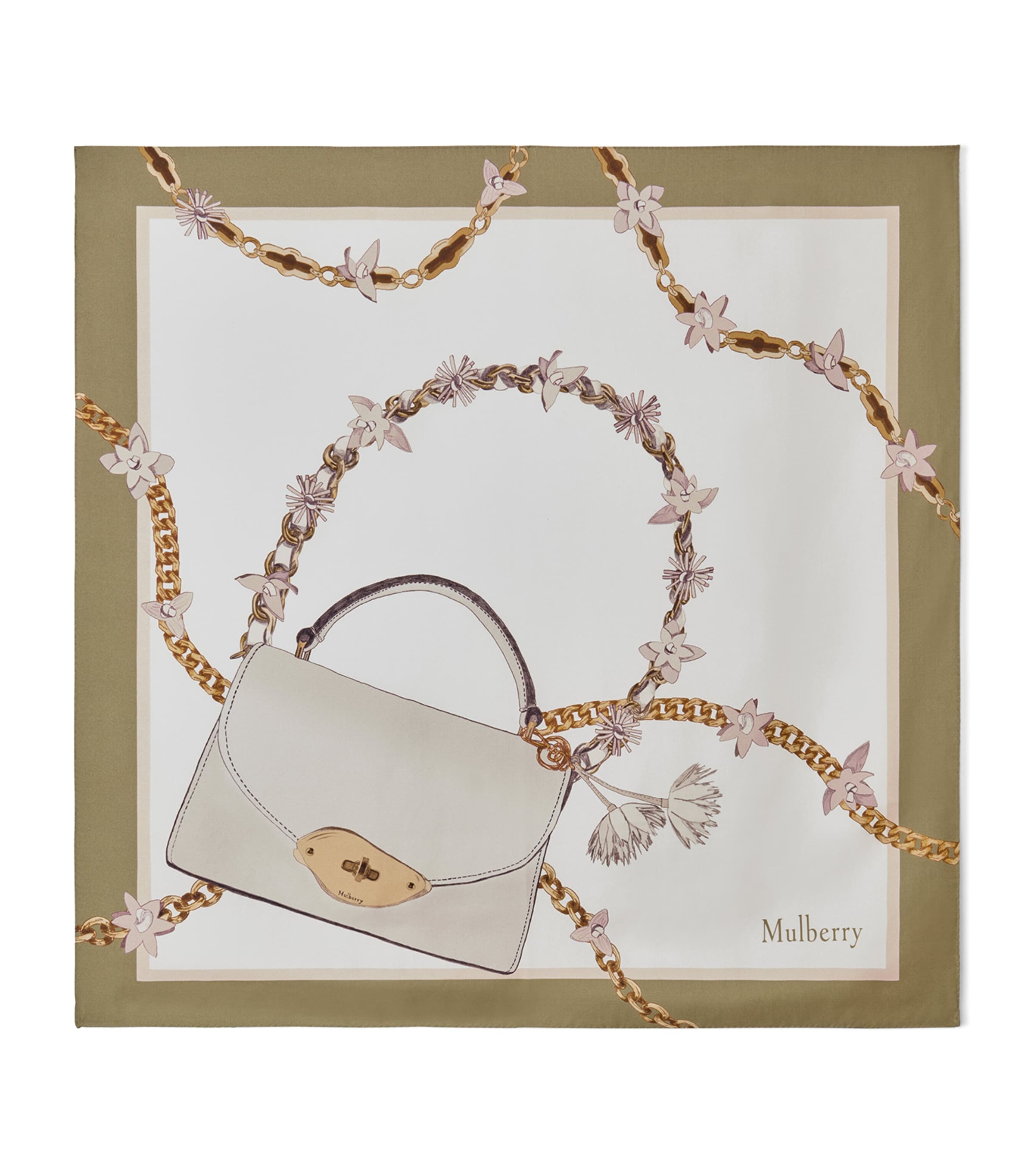 Mulberry Silk Lana Bag and Chains Square Scarf Eggshell Blossom Pin