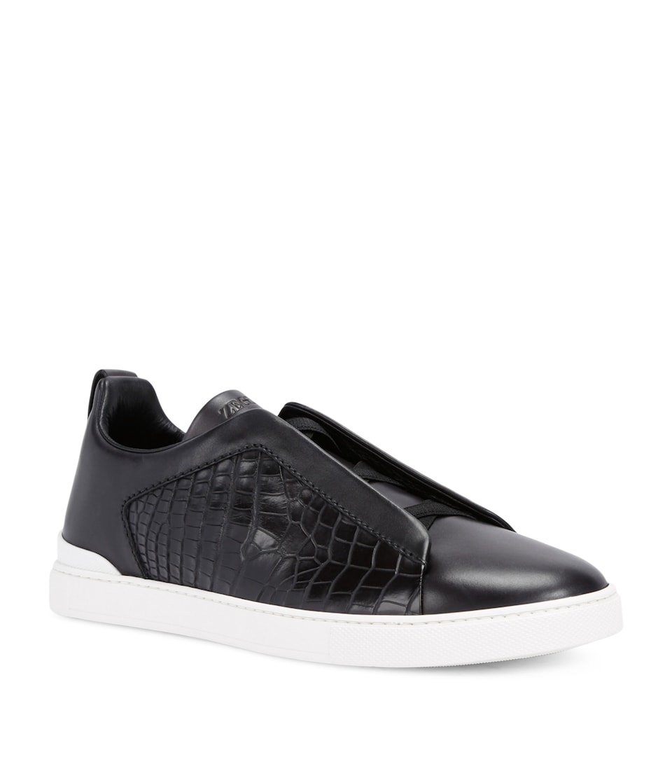 Zegna Crocodile Leather Triple Stitch Sneakers Blk/white