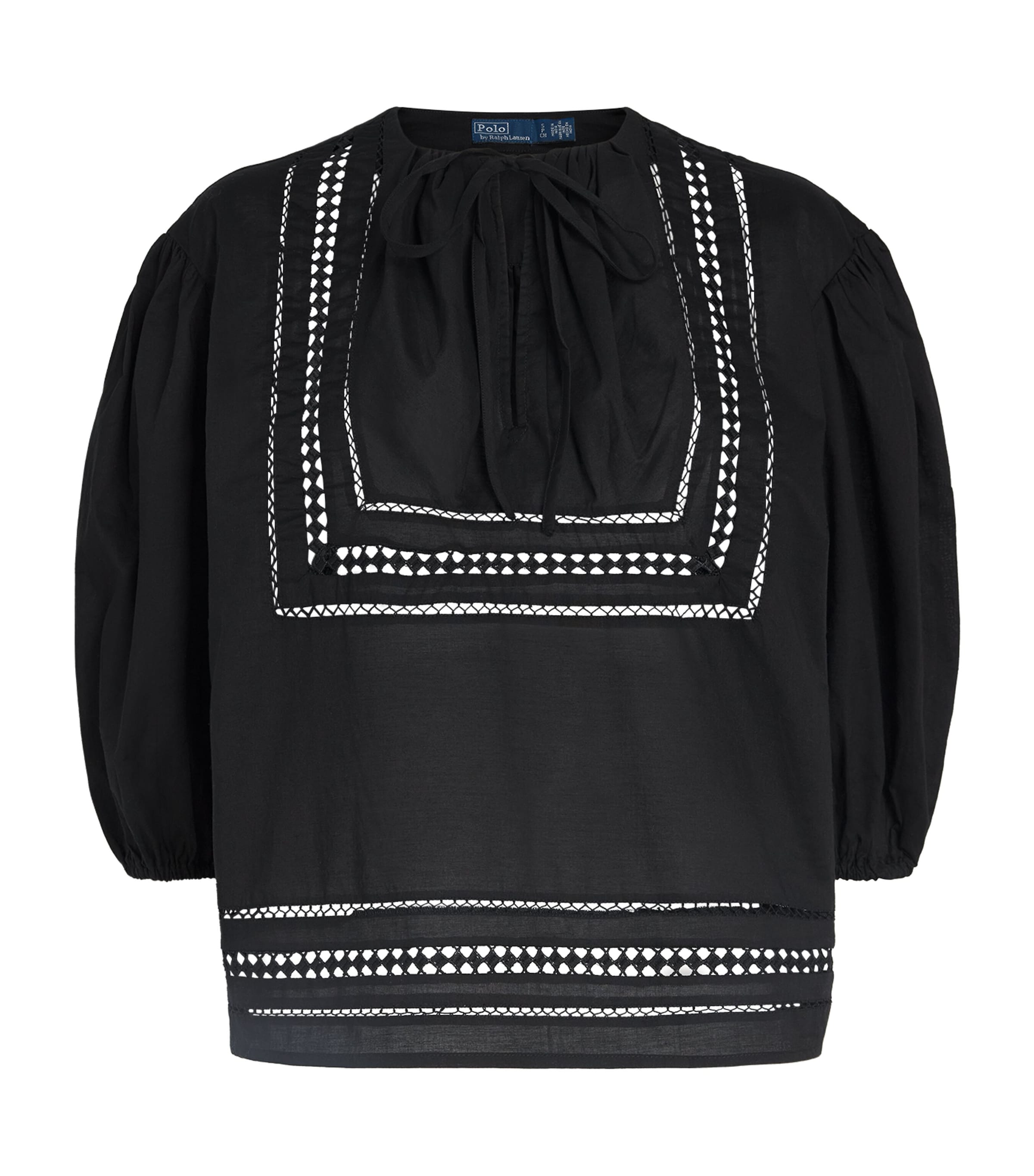 Polo Ralph Lauren Womens Cotton Lace-Trim Blouse Polo Black