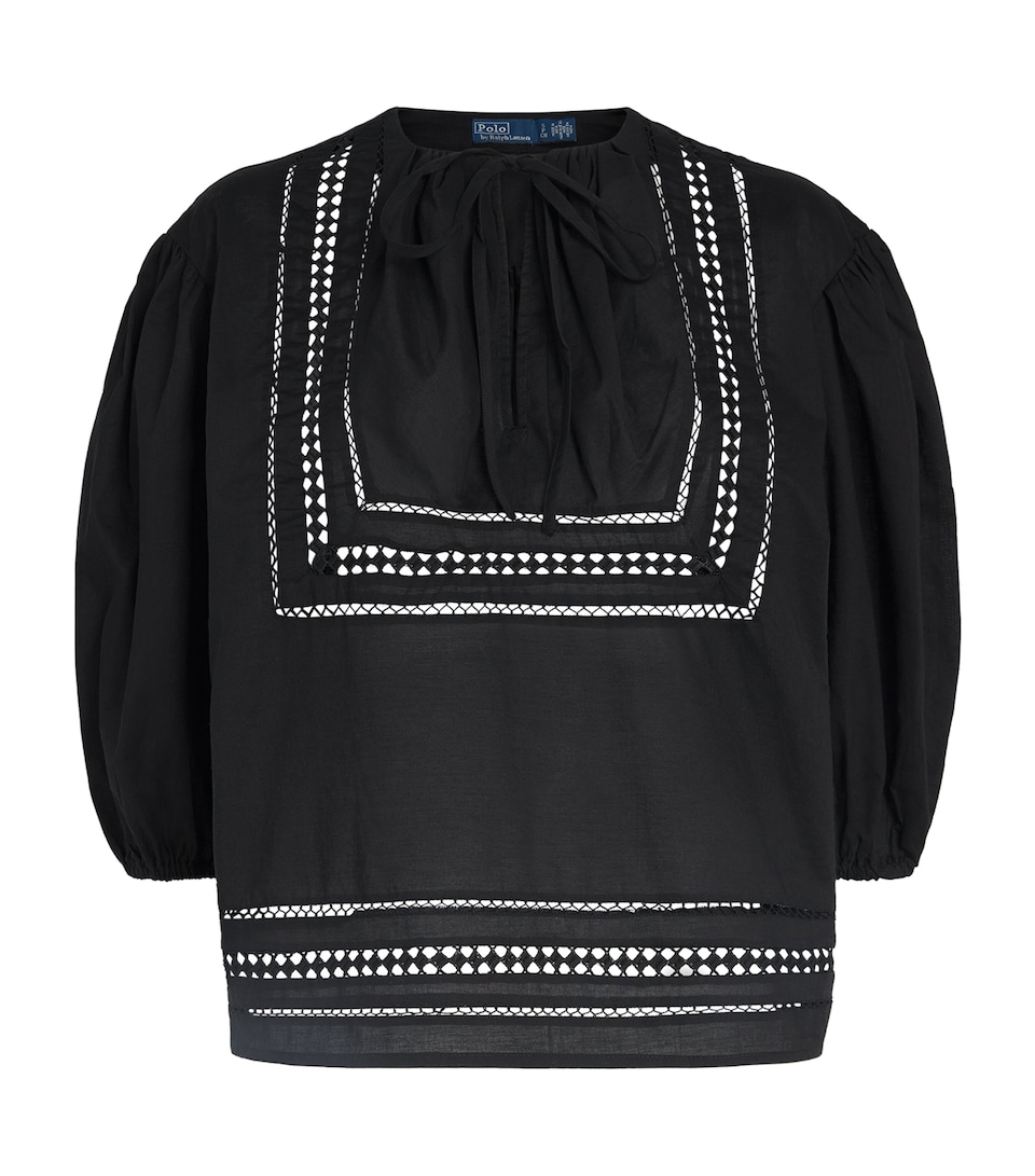 Polo Ralph Lauren Womens Cotton Lace-Trim Blouse Polo Black