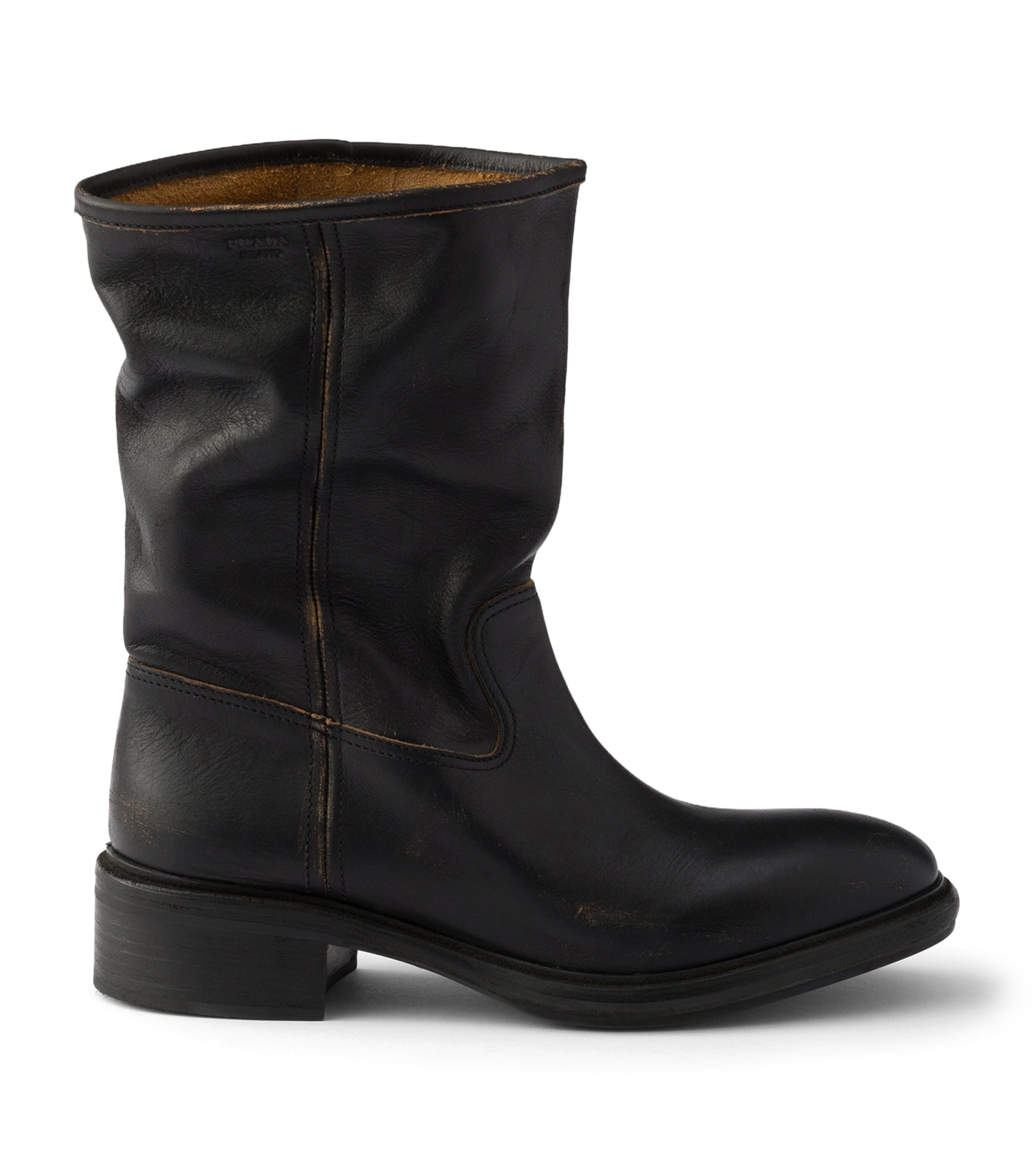 Prada Leather Vintage-Effect Mid-Calf Boots 30 Black
