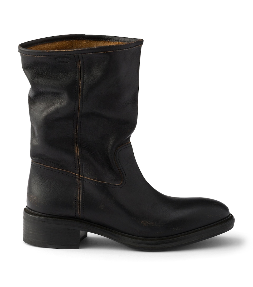 Prada Leather Vintage-Effect Mid-Calf Boots 30 Black