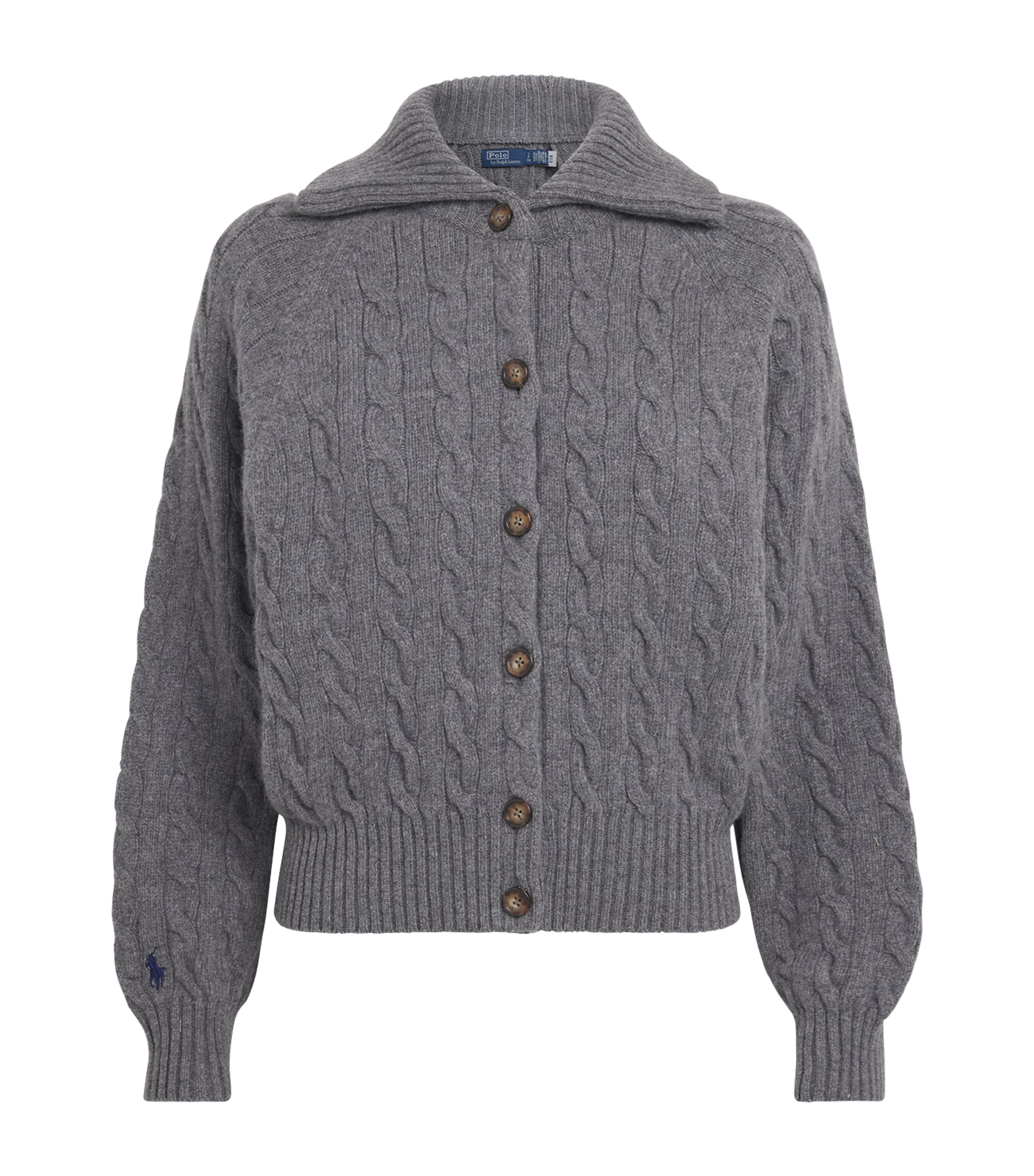 Polo Ralph Lauren Womens Wool-Cashmere Cable-Knit Cardigan Flannel Grey Heather