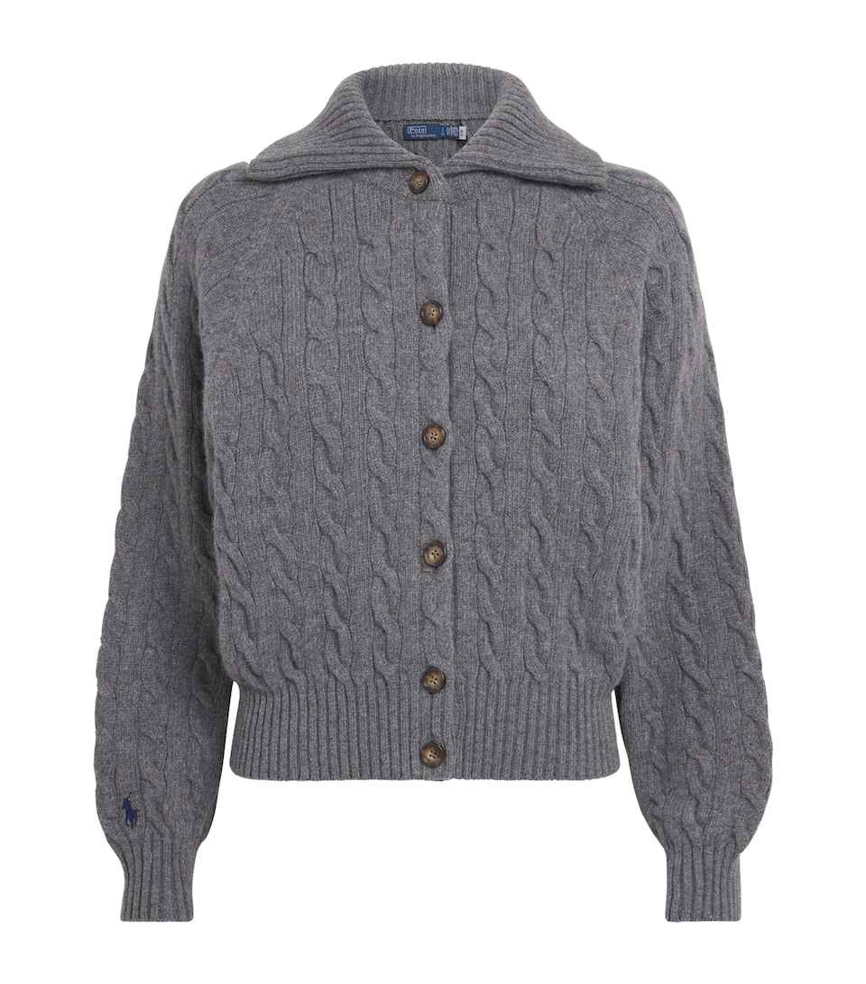 Polo Ralph Lauren Womens Wool-Cashmere Cable-Knit Cardigan Flannel Grey Heather