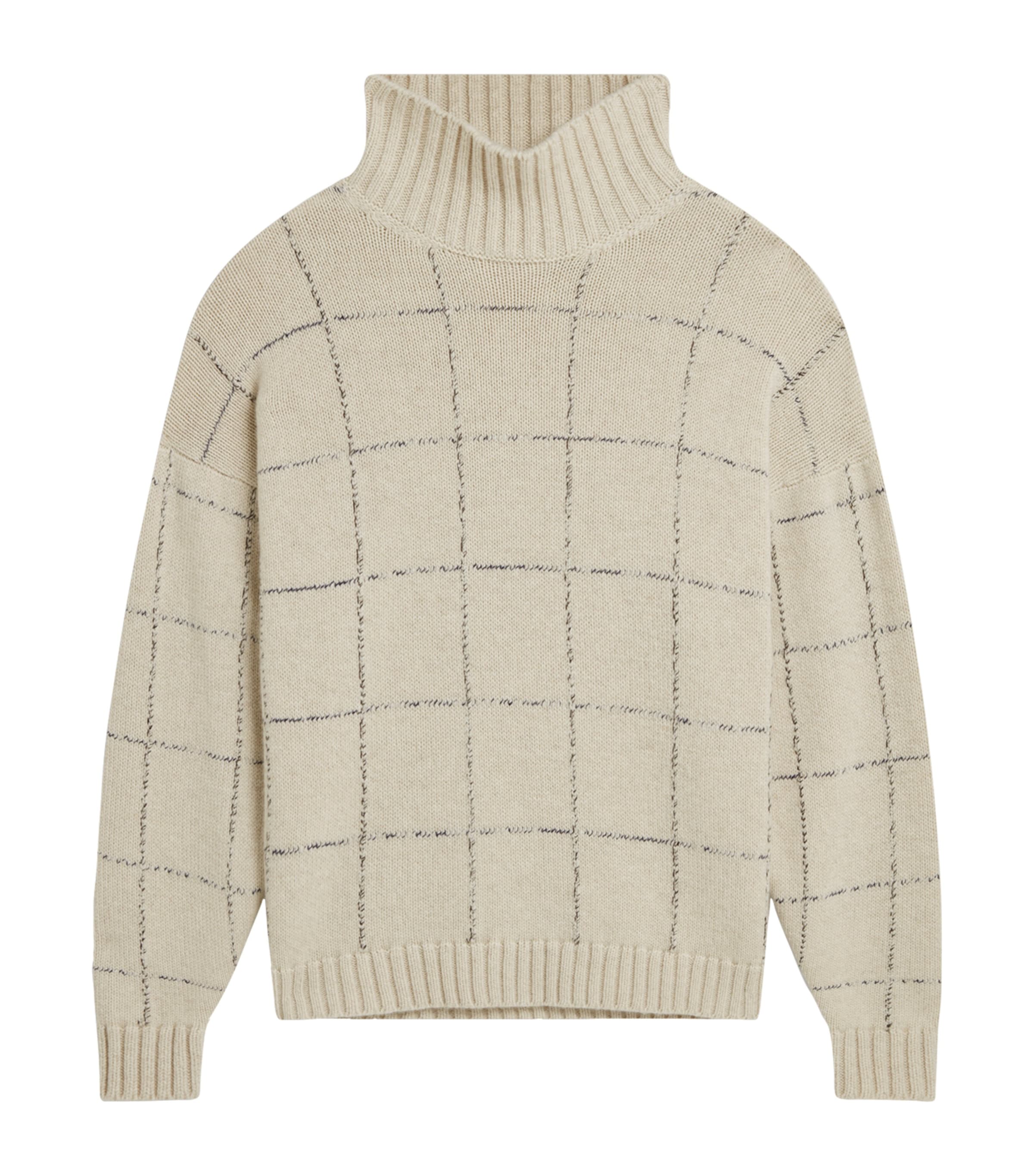 Cashmere Check Funnel-Neck Sweater